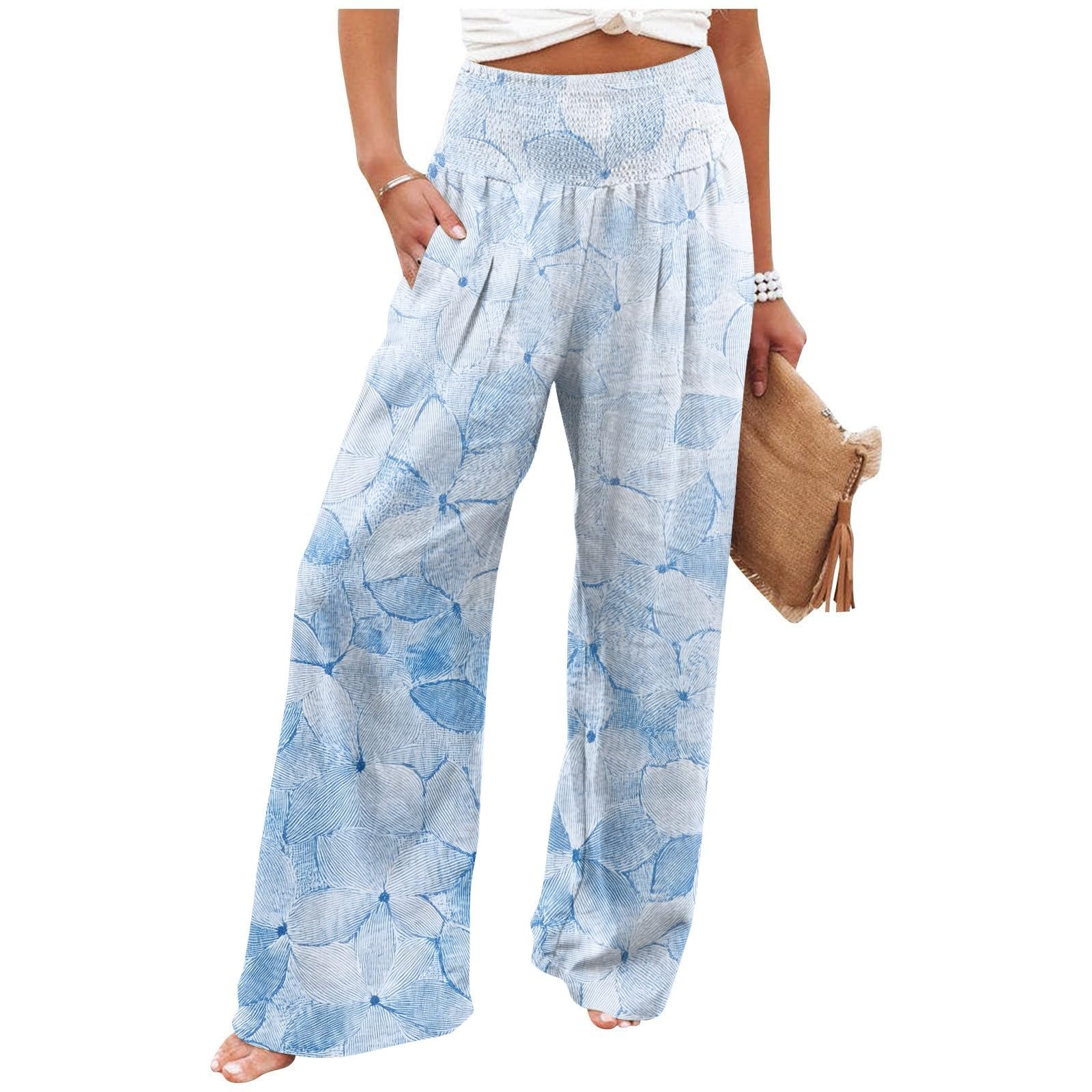 Summer Pants Women Wide Leg Smocked Waist High Waisted Floral Pants Palazzo Stretch Ruched Lounge Trousers Pocket Boho
