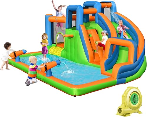 BOUNTECH Tobogán acuático inflable, 7 en 1, combo de casa de rebote para diversión al aire libre con soplador GFCI de 750 W, piscina de