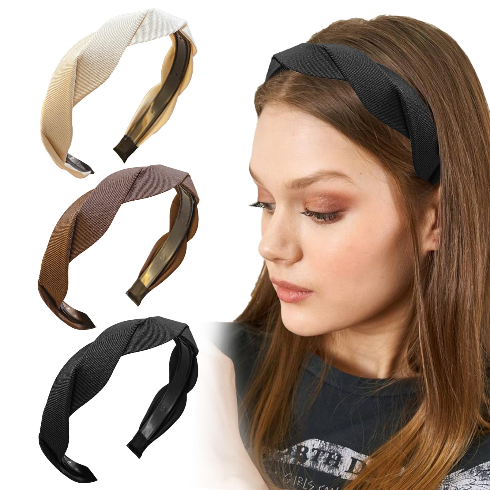HUTRADE Pack of 3 Fashion Headbands for Women and Girls Wide Braided Headband, Fabric Hair Bands with Teeth