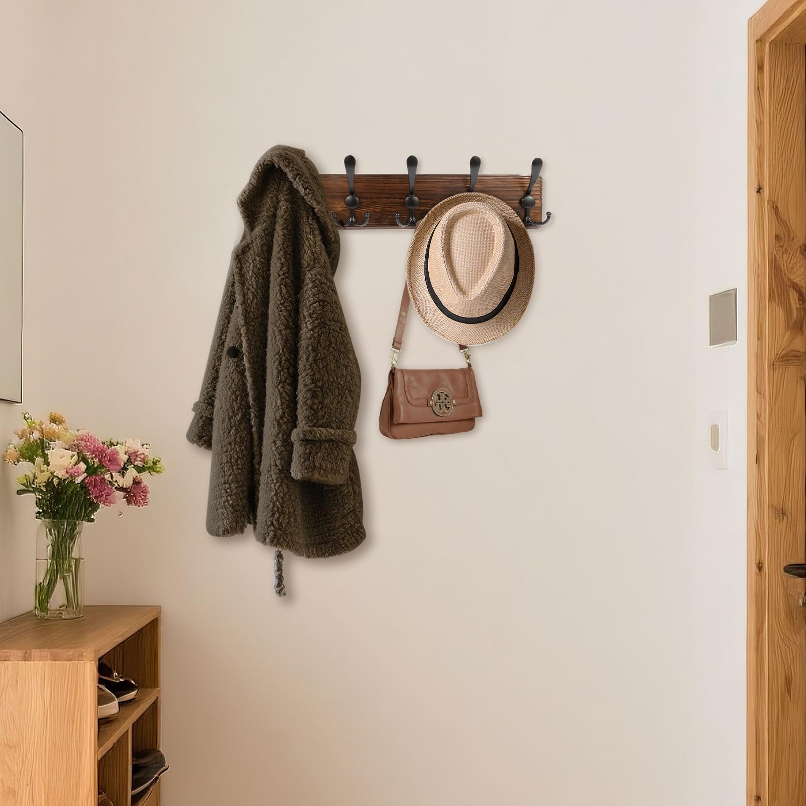 Homagic Perchero de pared de 16.8 pulgadas, rústico para sombreros con 5 ganchos triples, ganchos de pared para colgar abrigos, bolsos, toallas