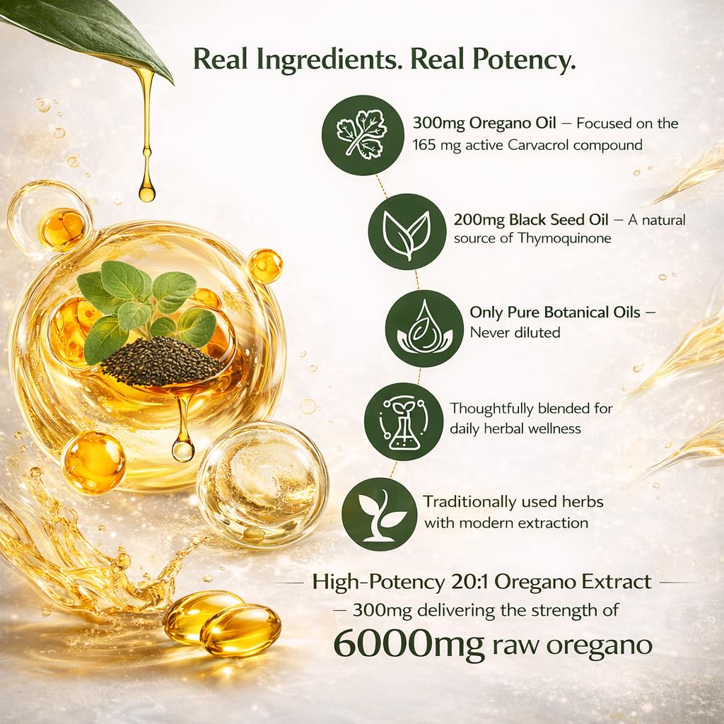 Oil of Oregano with Black Seed Oil Softgels, 2-in-1 Oregano Oil Supplement with 165mg Carvacrol & Thymoquinone, Daily Digestive & Immune Support, 180 Softgels — Amazon image 2