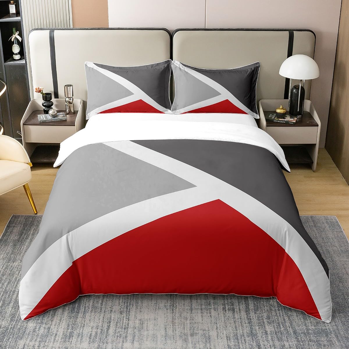 Housse de couette 220x240 rouge et gris en coton parure lit patchwork