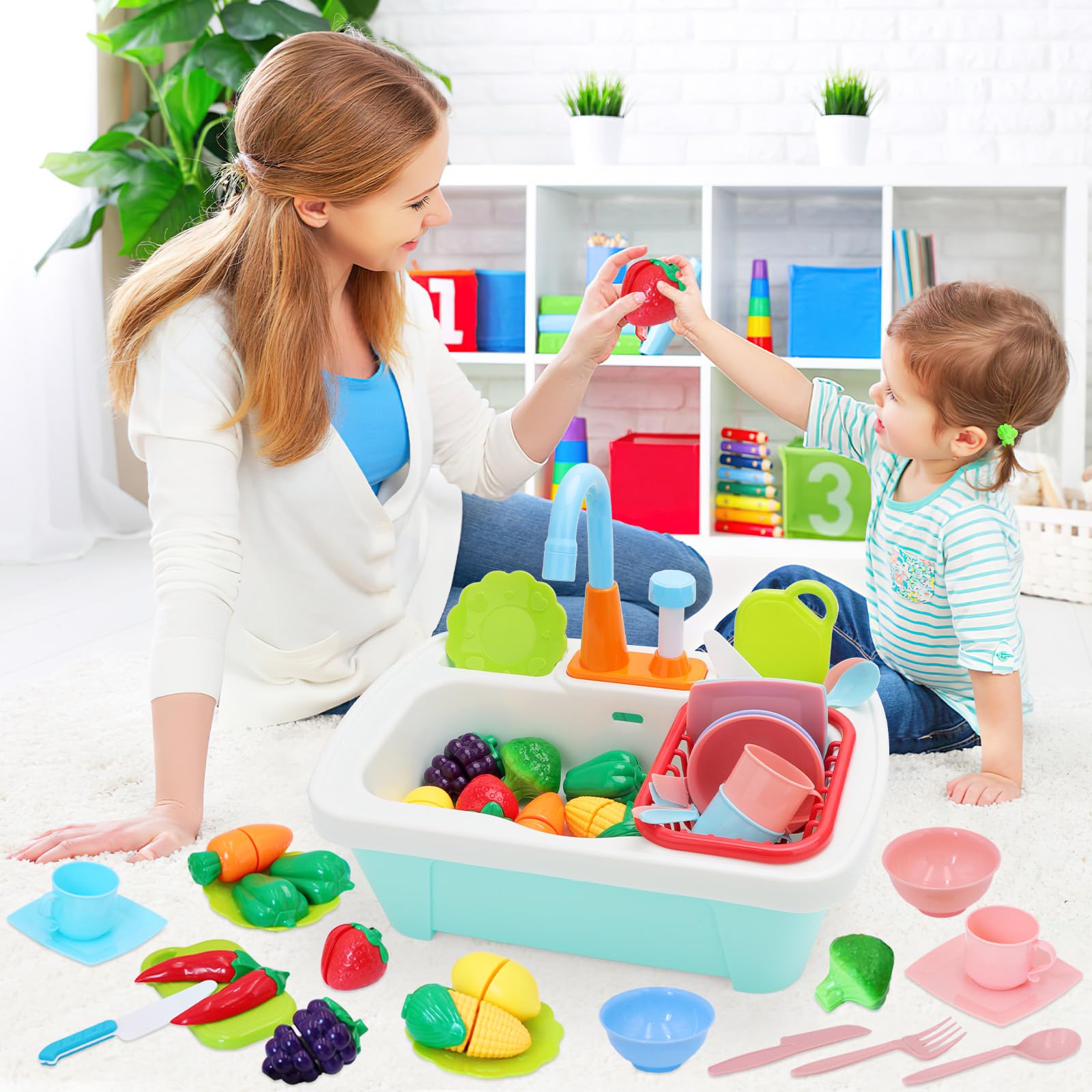 deAO 28 Pièces Évier de Cuisine Jouet pour Enfants avec Eau Courante,Incluant Vaisselle, Fruits,Vaisselle et Légumes Simulation,Jeu de Rôle Jouet d'Imitation pour Garçons Filles 3-12 Ans