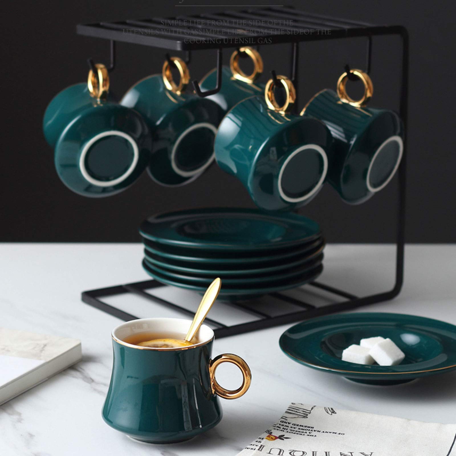 Kaffeetasse Keramik Tasse Untertasse Set Porzellan Teetasse Set Kaffeetasse Saucer Set 7.4 Oz China Teetasse mit Anzeigeständer, Set von 6 Teetasse(Dark green)