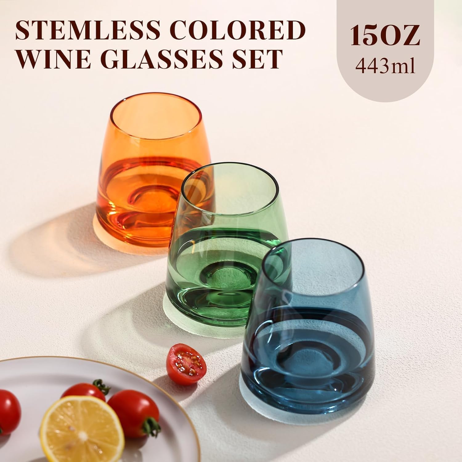 Colored Stemless Wine Glasses Set of 6-15 oz Hand-Blown Crystal Colored Glassware, Multicolor Glassware for Lovers, Wedding, Birthday, Christmas, Housewarming Gifts for Women - Image 3