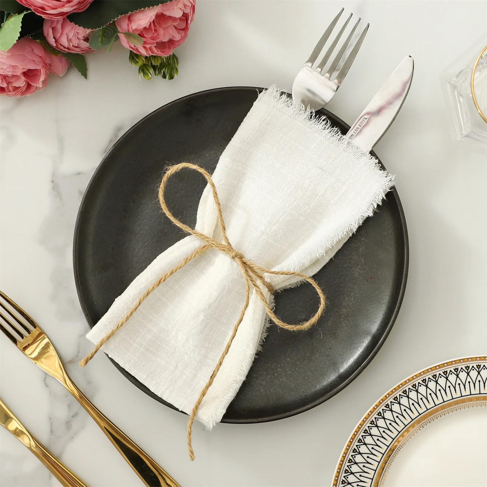 Napkins, 10pcs 32x32cm Gauze Cotton Napkins,Retro Burrs For Wedding Party Table Decoration(White)
