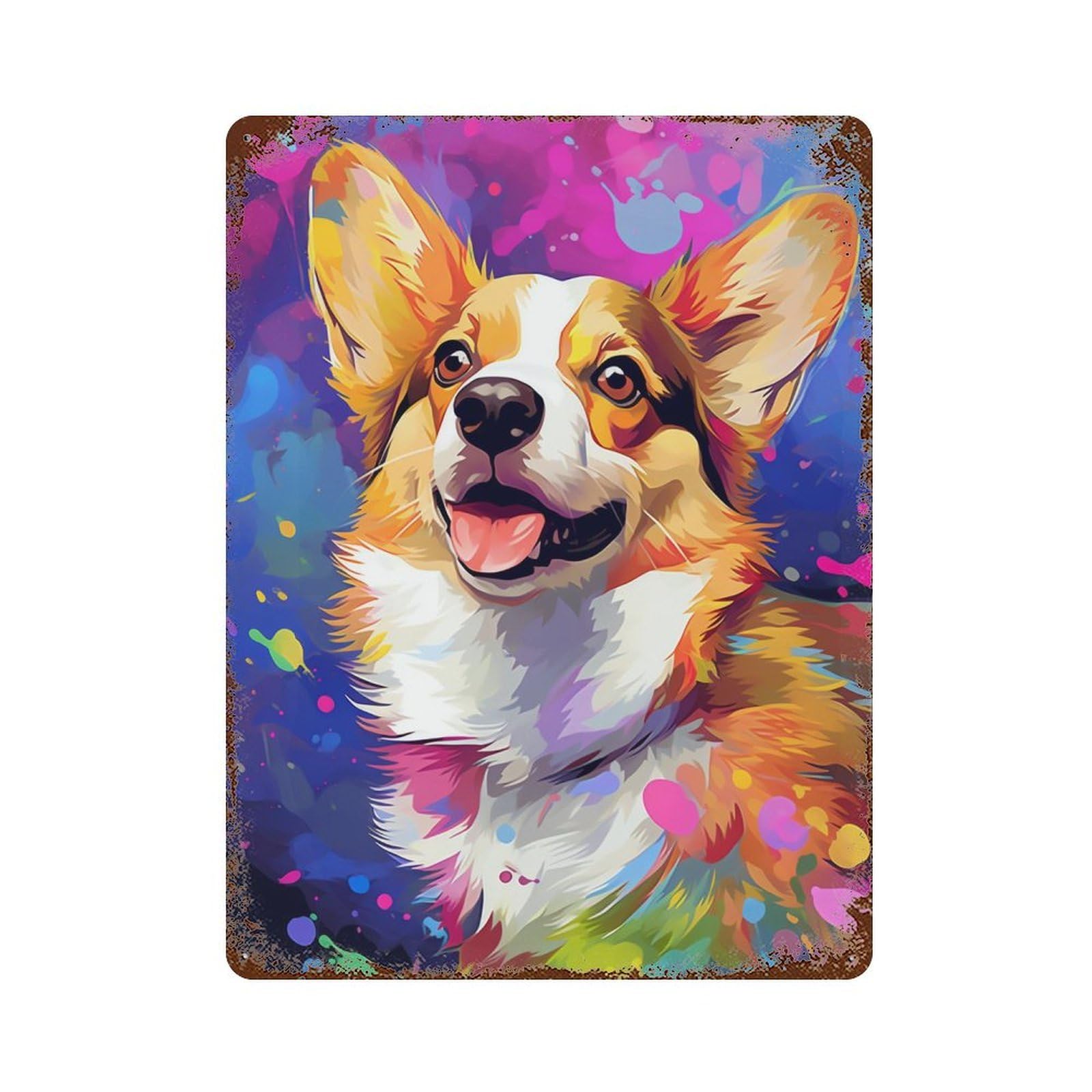 Colorful Corgi Painting-2 Distressed Metal Wall Sign 15.7"x11.8", Industrial Home Decor for Garage, Pub Or Kitchen