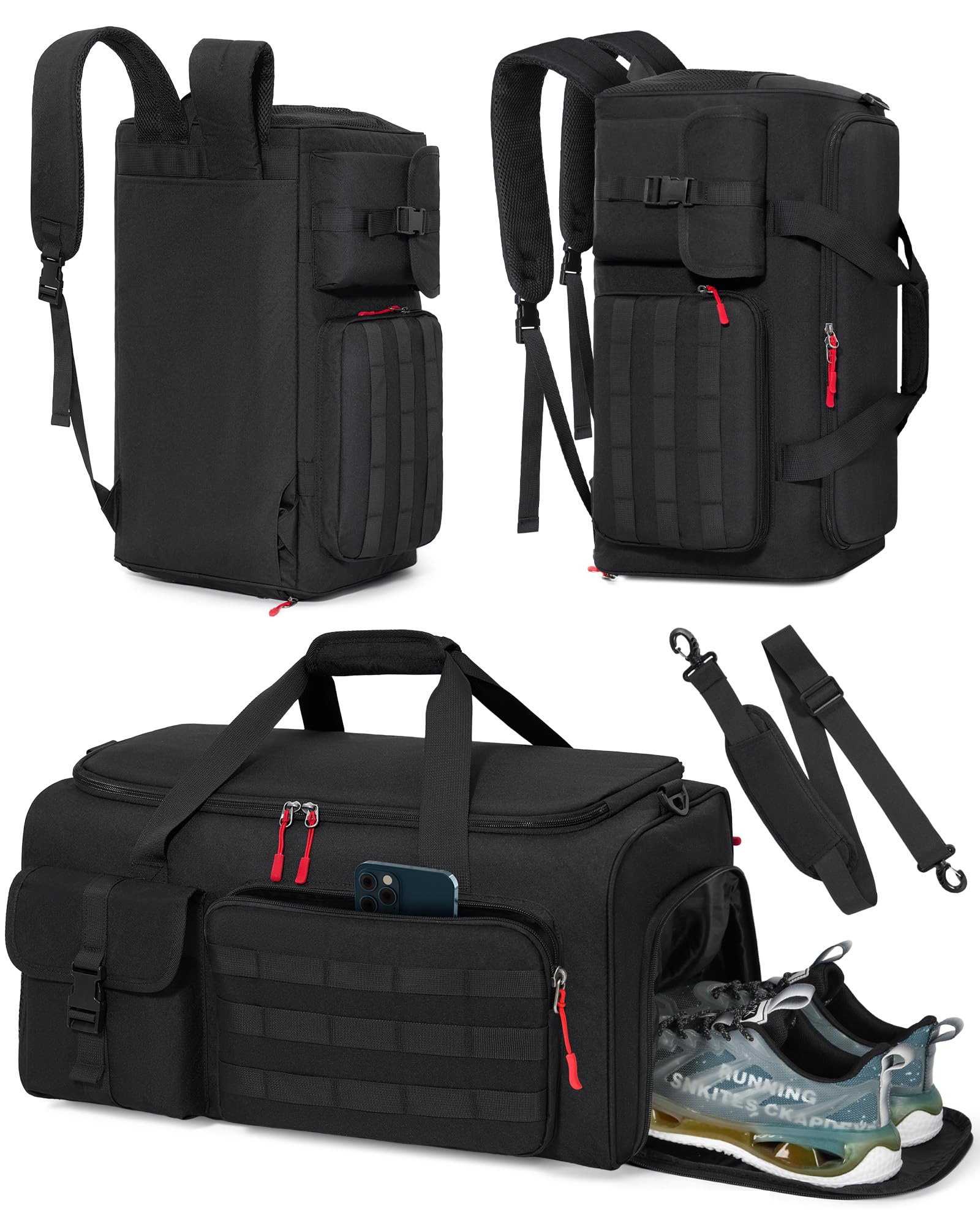 RAINSMORE Sports Gym Bag Mens Travel Duffel Bag 45L with Shoes & Laptop Compartment Backpack Carry on Holdall Bags Weekender Overnight Bags