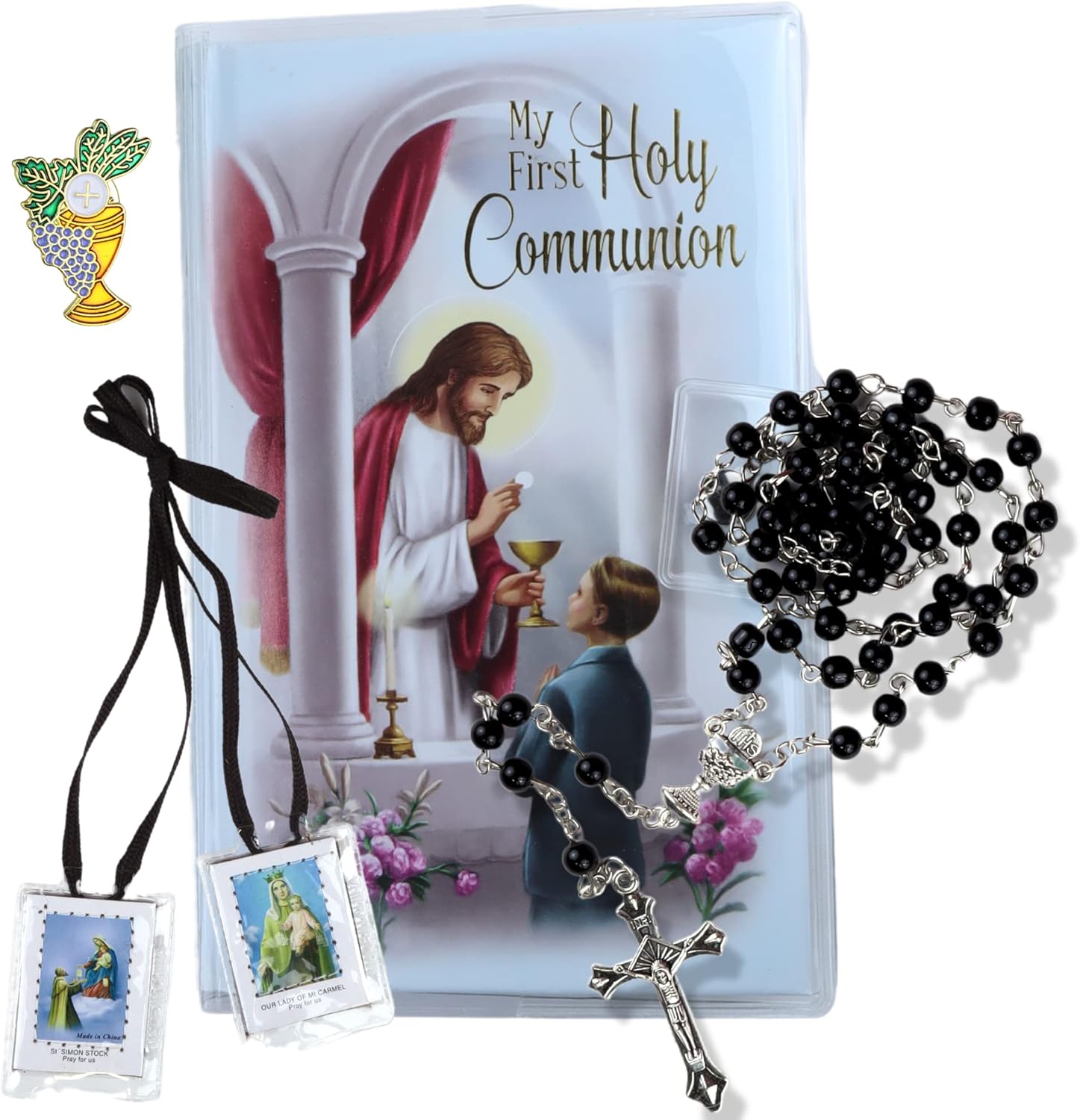 Needzo Boys First Communion Gift Set, Snap Wallet with Scapular, Rosary, Lapel Pin, and Mass Book, All in One, 4 Items
