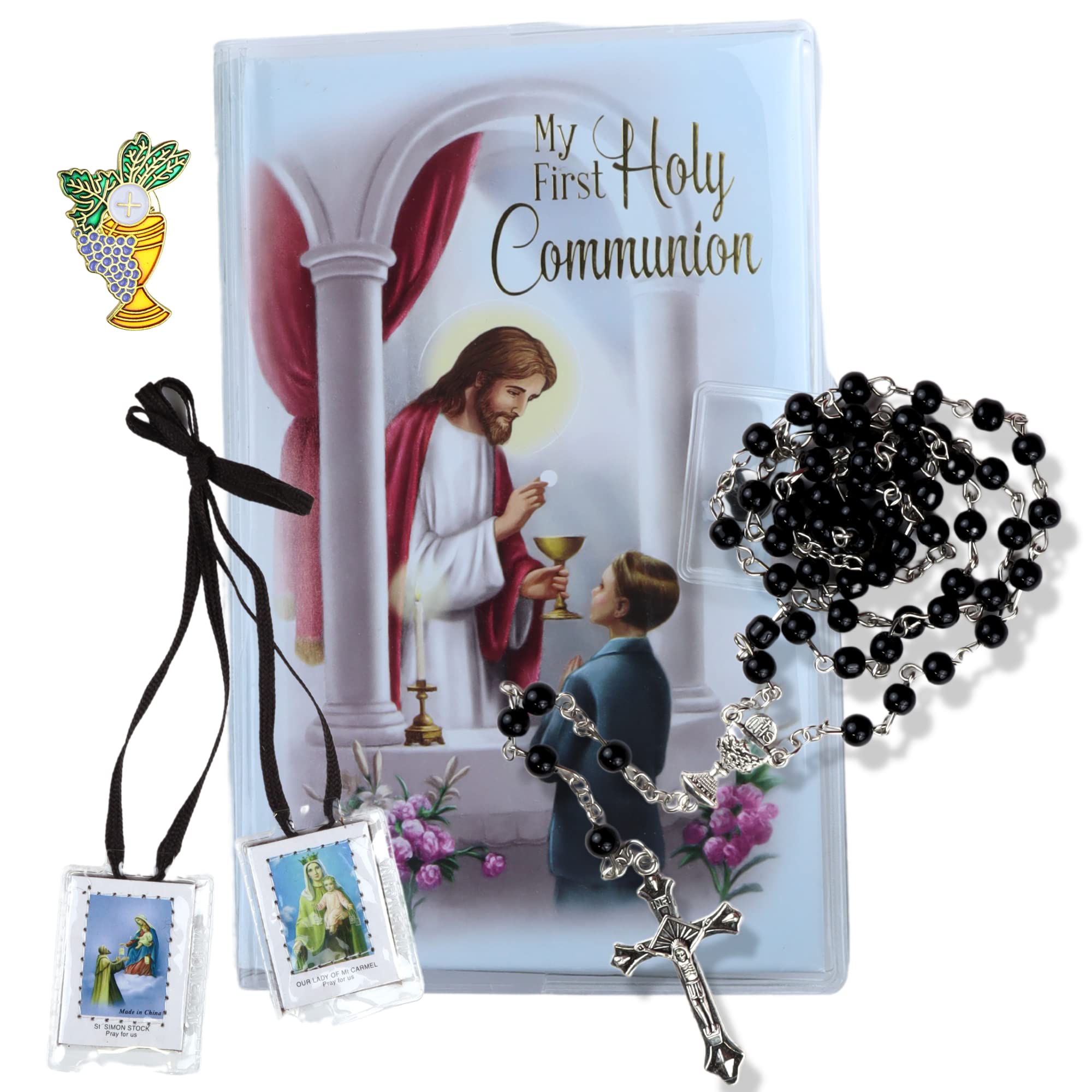 Needzo Boys First Communion Gift Set, Snap Wallet with Scapular, Rosary, Lapel Pin, and Mass Book, All in One, 4 Items