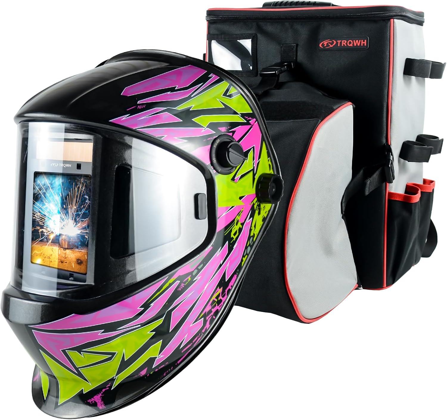 TRQWH Panoramic 180° Large Viewing Welding Helmet Auto Darkening with Side View & Large Capacity Welding Backpack for Men