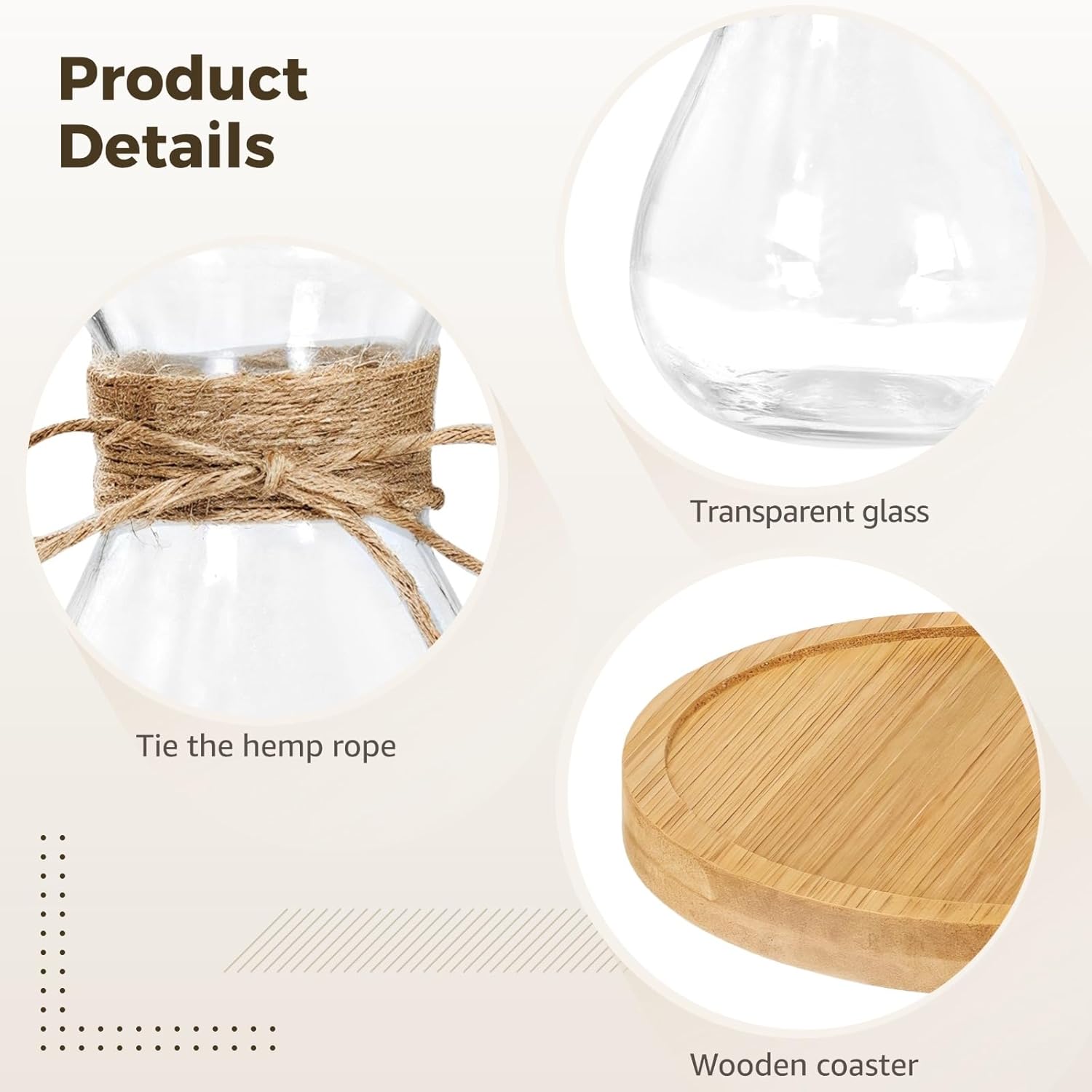 4 Pcs Glass Bulb Vases, Clear Forcing Hydroponic Planters for Hyacinths, Slim Waist Design, Bohemian Style Home Decor with Rope, Wooden Coasters