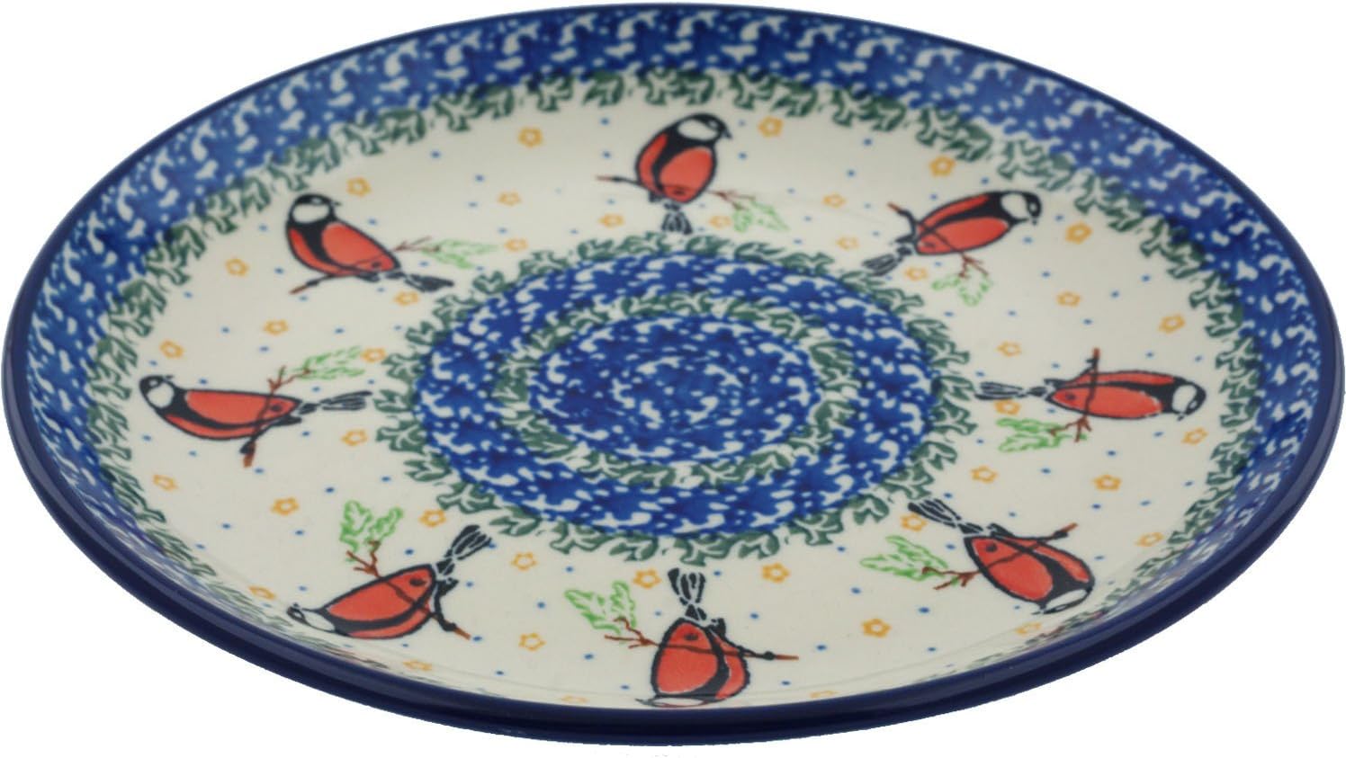 Polmedia Polish Pottery Dessert Plate - Redbird On A Wire Pattern Handmade in Boleslawiec Poland by Ceramika Artystyczna + Certificate of Authenticity