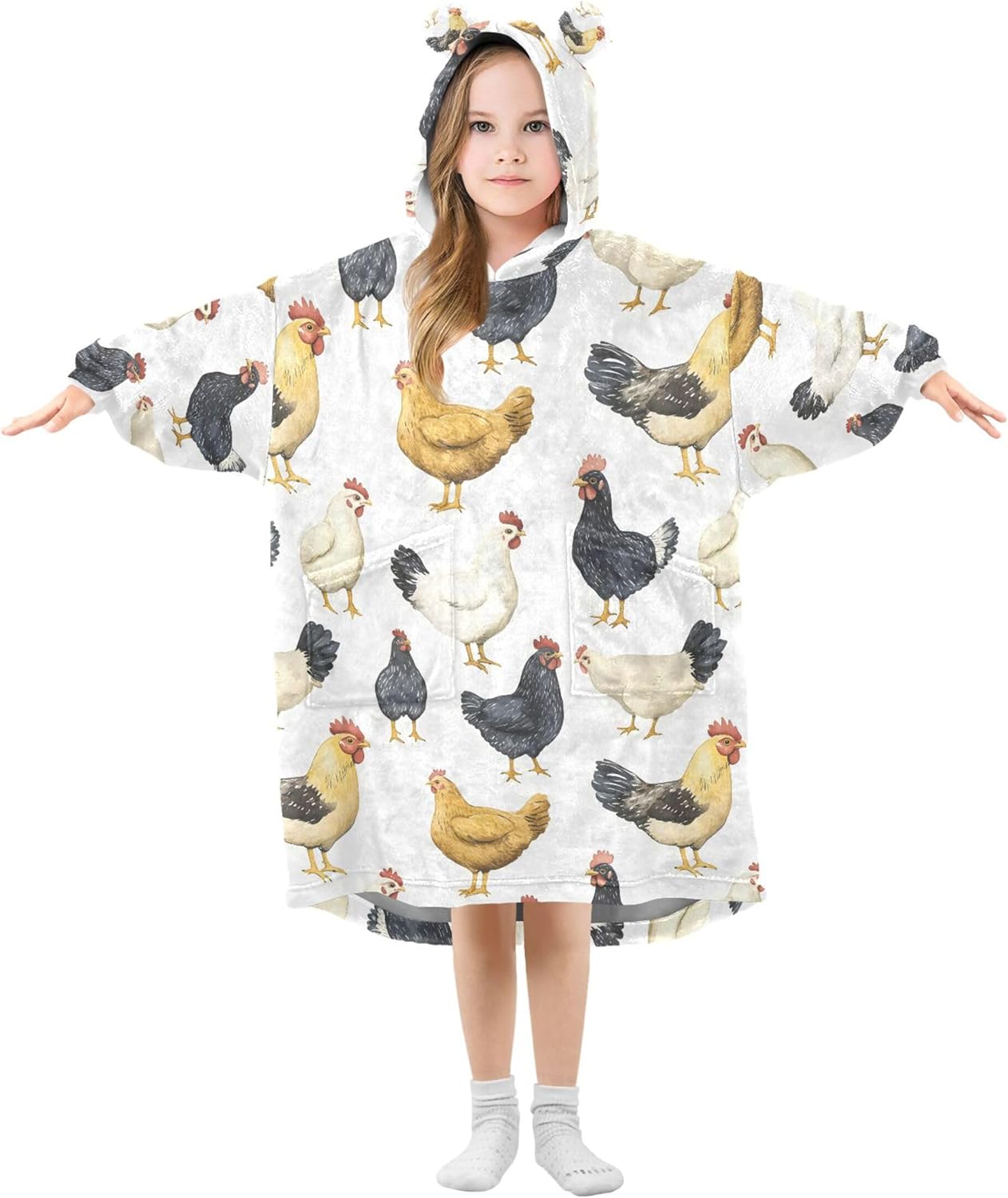 Cock Rooster Kids Wearable Blanket Hoodie with Pocket and Sleeves for Toddlers, Cute Hoodies Girls Boys B0403777