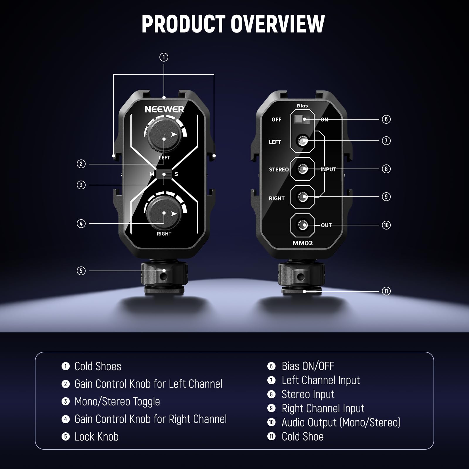 Neewer MM02 Dwukanałowy mikrofon adapter miksera audio z kablem TRS 3,5 mm, przełącznikiem stereo/mono, uchwyty na zimną stopkę do aparatu DSLR, smartfonów, bezprzewodowego odbiornika mikrofonu,