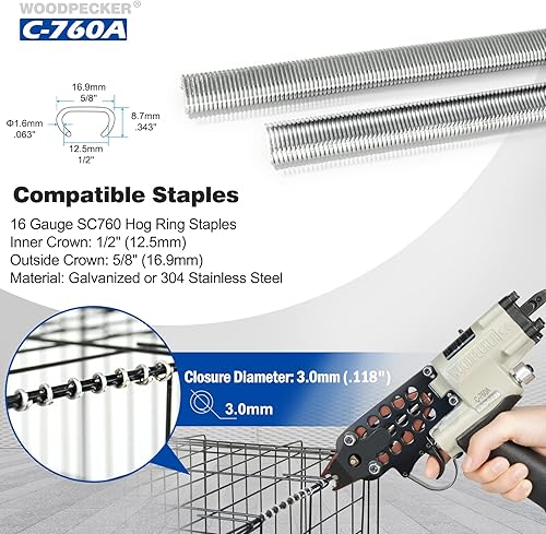 Miniatura 5 de WOODPECKER C-760A - Pistola neumática de anillo de cerdo de calibre 16, diámetro de cierre de 0.118 in a 0.157 in, grapas de anillo de cerdo corona