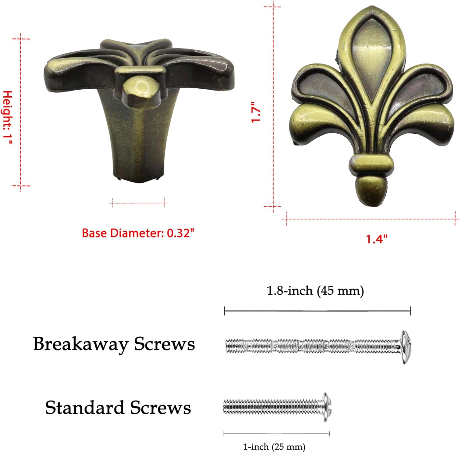 4 Pack Antique Brass Fleur-de-Lis Cabinet Knobs, Vintage Drawer Pulls for Dresser, Cupboard, Wardrobe, 1.7 x 1.4 Inch Decorative Metal Hardware