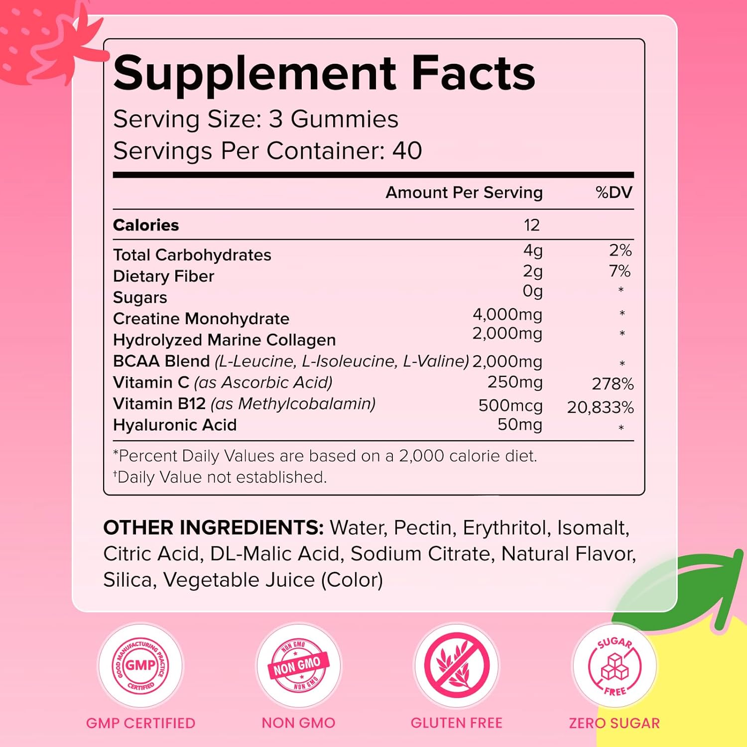 Creatine Gummies for Women, 8000 MG Complex with Collagen + BCAAs + Vitamin C & B12, Creatine Monohydrate Gummies for Women, for Booty, Energy & Strength, Sugar Free 120 Count Strawberry-Lemon Flavor