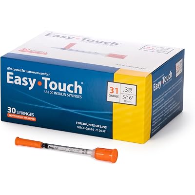 Easy Touch Individually Wrapped 31 Gauge U-100 Insulin Syringes (31G 0.3cc 5/16”) with 5/16” Short Needle, 0.3cc (30 Unit Capacity), Bold Markings for Accurate Dosing, Disposable, Box of 30