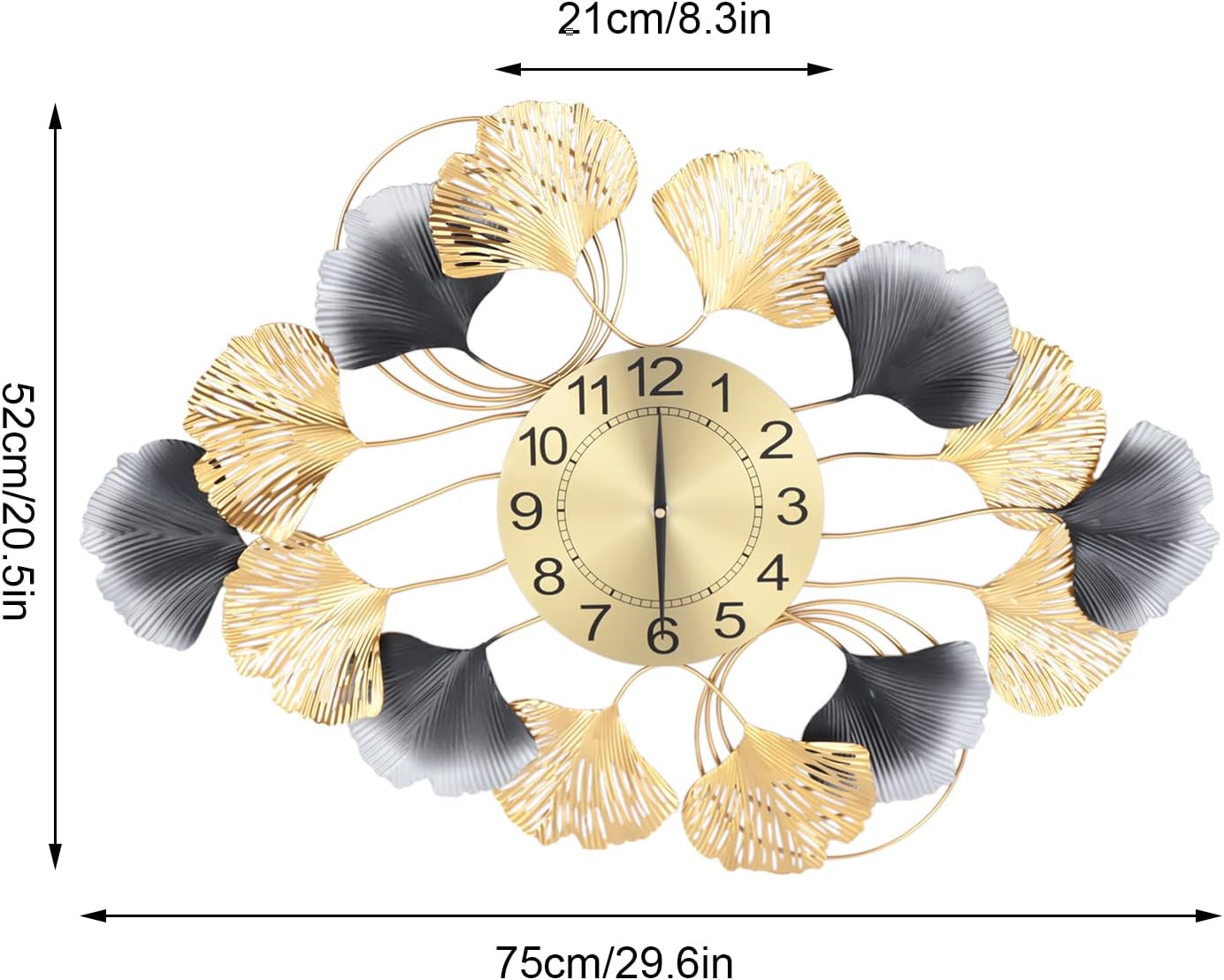 29.6" Large Wall Clock Numerals Metal Ginkgo Leaf Design, 3D Creative Luxury Wall Clock Silent Non-Ticking Battery Operated Living Room Decor Big Clock