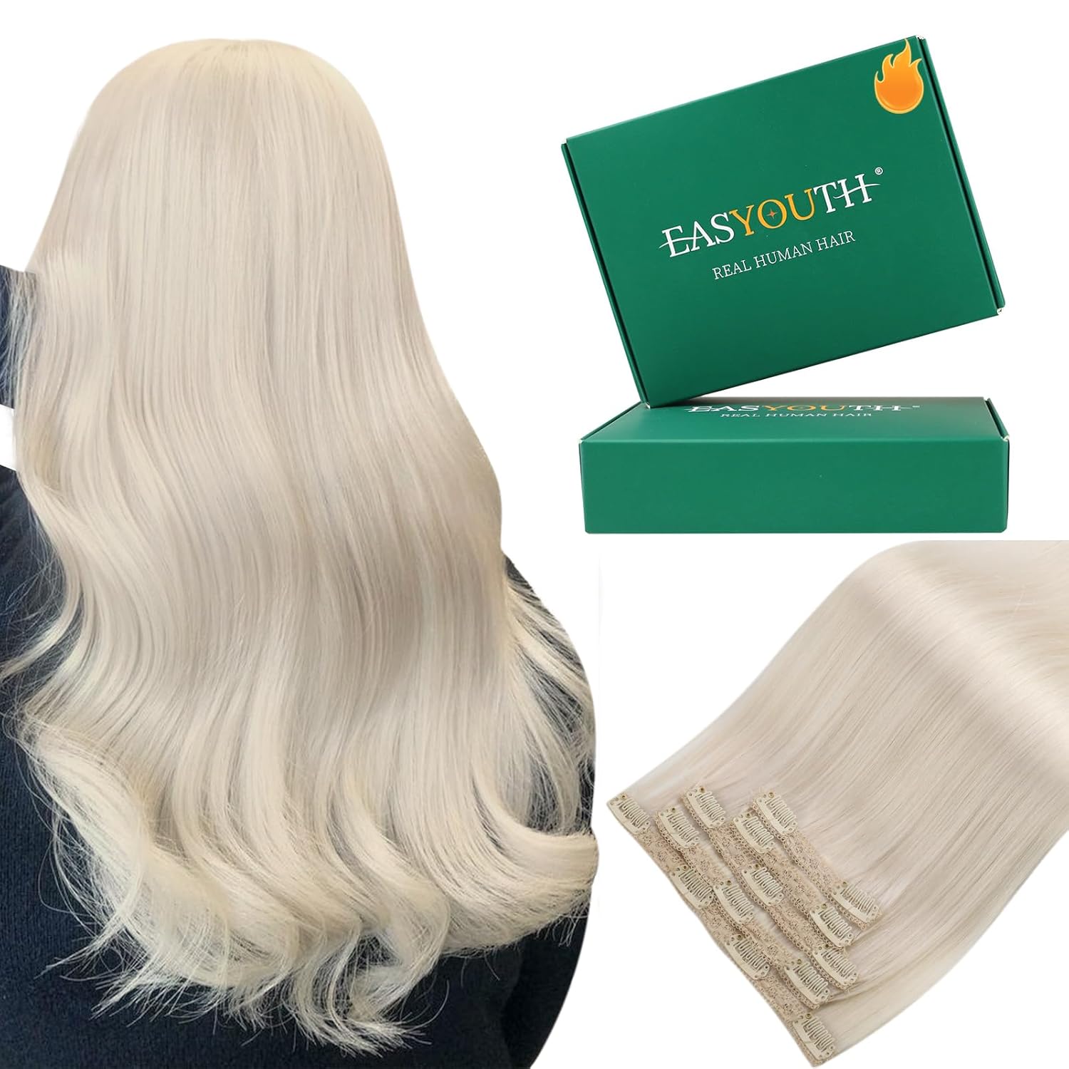 Easyouth Clip in Hair Extensions Human Hair Blonde Real Human Hair Extensions Clip ins White Blonde Thickness Human Hair Clips in Extension Easy to Apply and Remove 18 Inch 80G 5Pcs