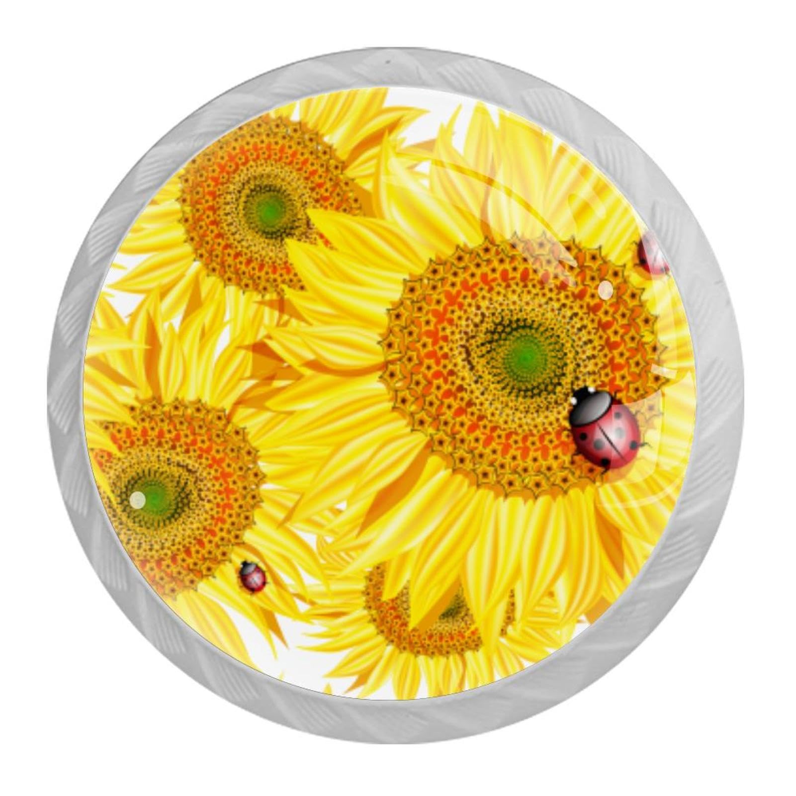Tqmspg 4 Pieces Drawer Pulls Sunflowers Ladybugs Door Knobs Dresser Handles for Kitchen Wardrobe Cupboard Hardware Furniture