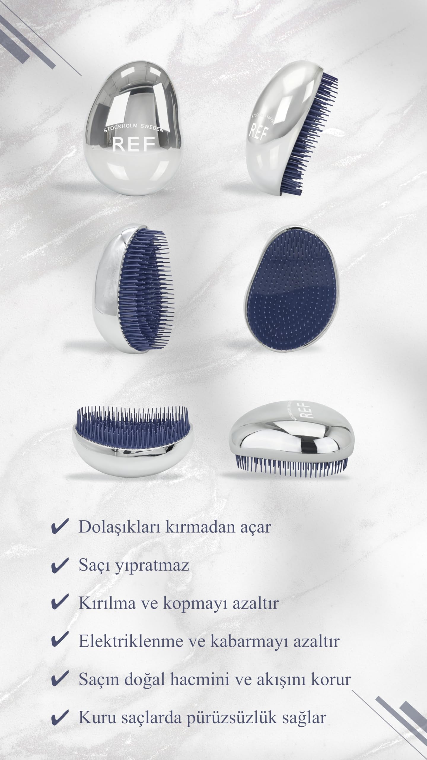 REF STOCKHOLM - Detangling Brush Silver Colour Dolaşık Açan Tarak Saç Fırçası (3 paketi)