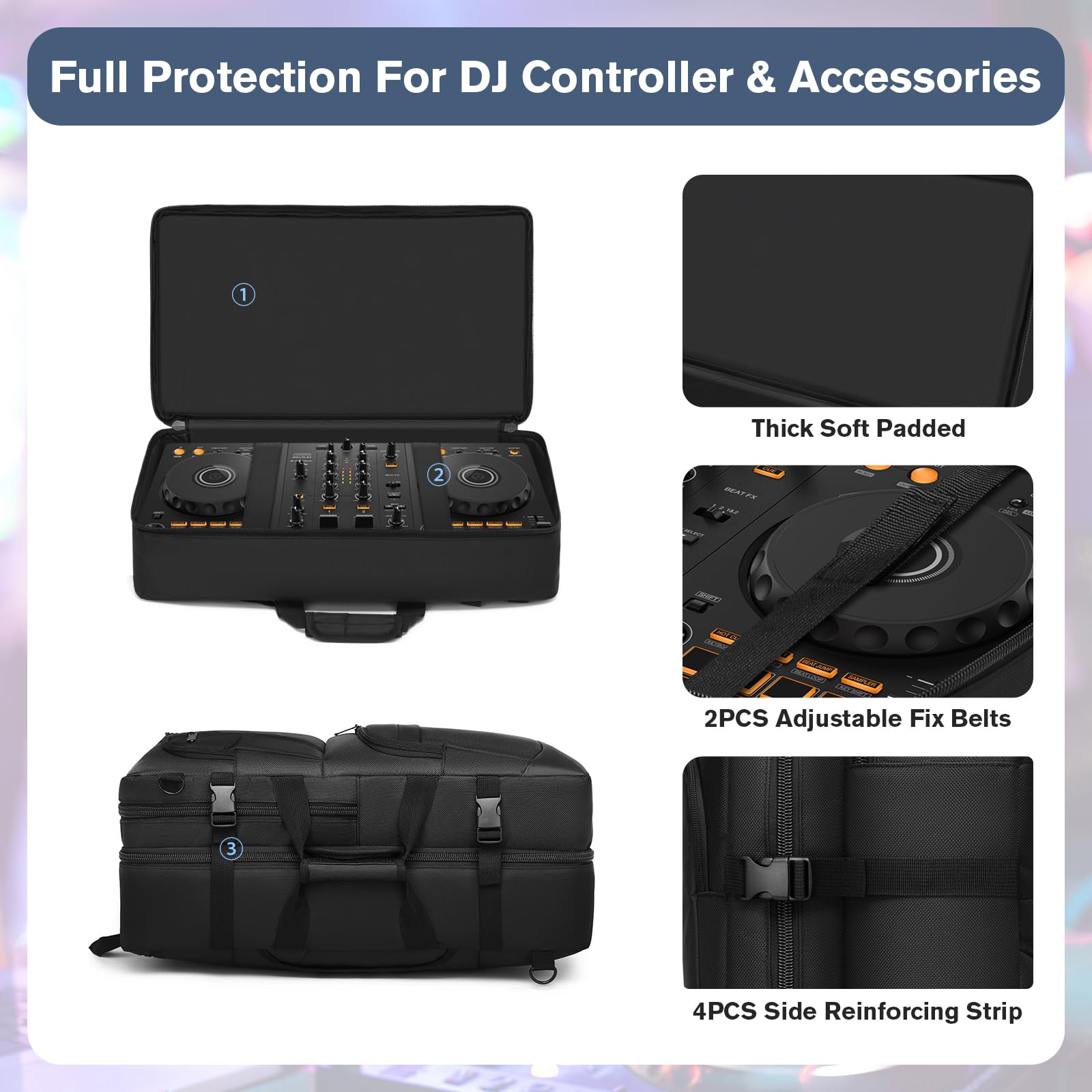 DJ-Controller-Tasche, kompatibel mit Pioneer DDJ-FLX4/DDJ-400/DDJ-REV1 – dick gepolsterter DJ-Rucksack mit mehreren Taschen für Zubehör, verstellbarer Gurt, 56 x 33 x 11 cm