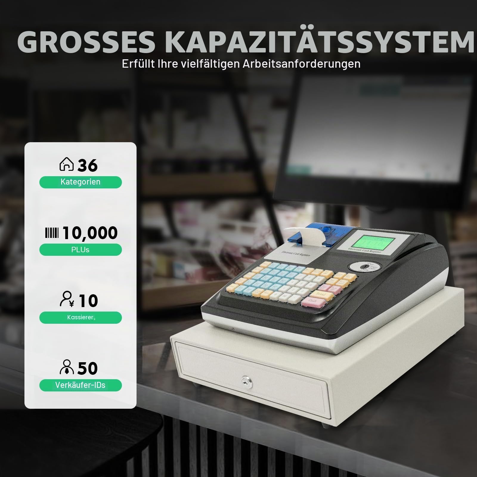 Registrierkasse, Kasse für den Handel, LED Kundenanzeige Elektronische Registrierkasse 48 Tasten Multifunktionale Kassenlade Große Kapazität Kassensystem Einzelhandel mit Kassenschublade
