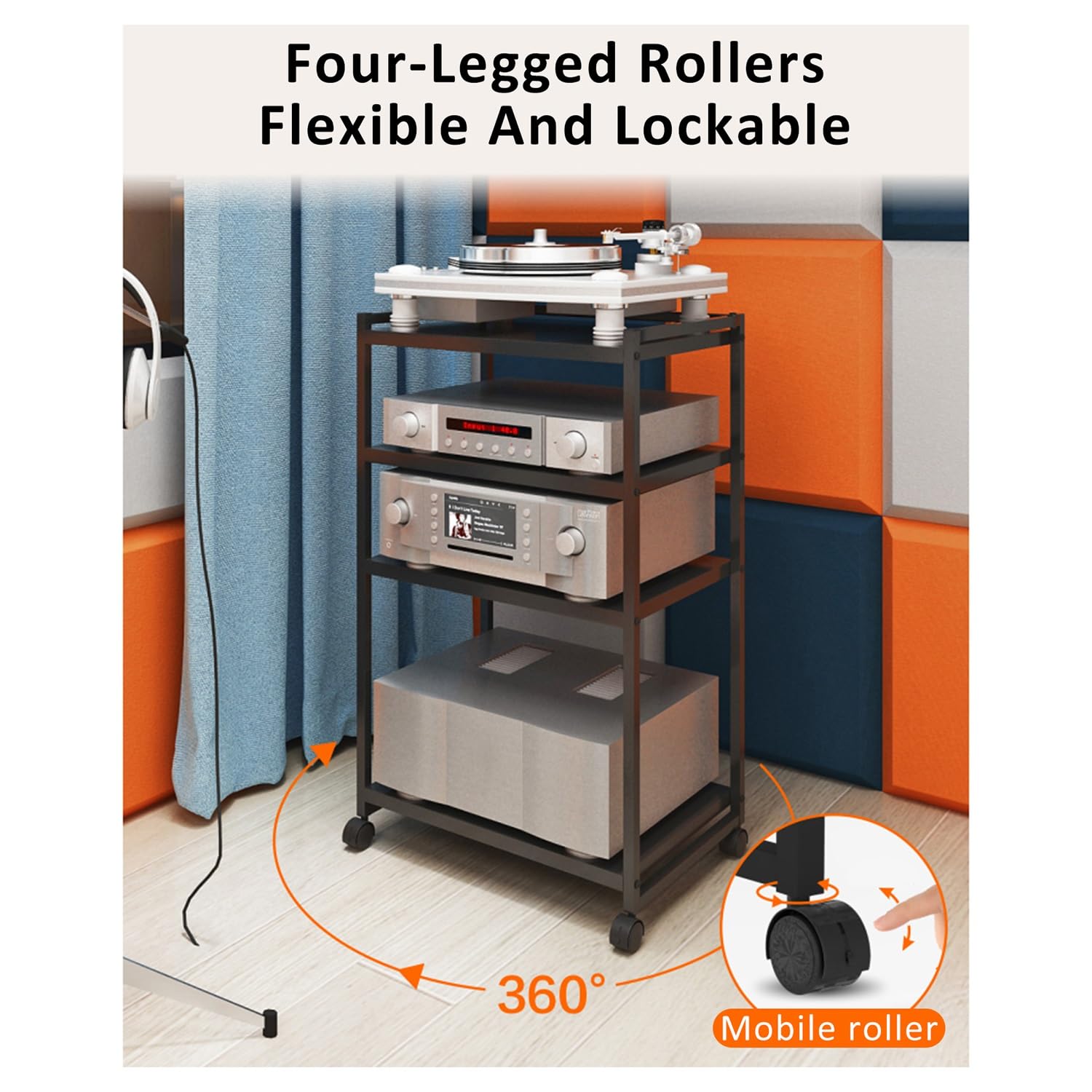 3/4 Livelli Armadio Audio HiFi Rack Rack Audio Mobile con Ruote Universali Audio AV Tower Media Stand Mobile Stereo HiFi Rack HiFi Aperto Multifunzione per Soggiorno Ufficio.(50x35.1x88cm)