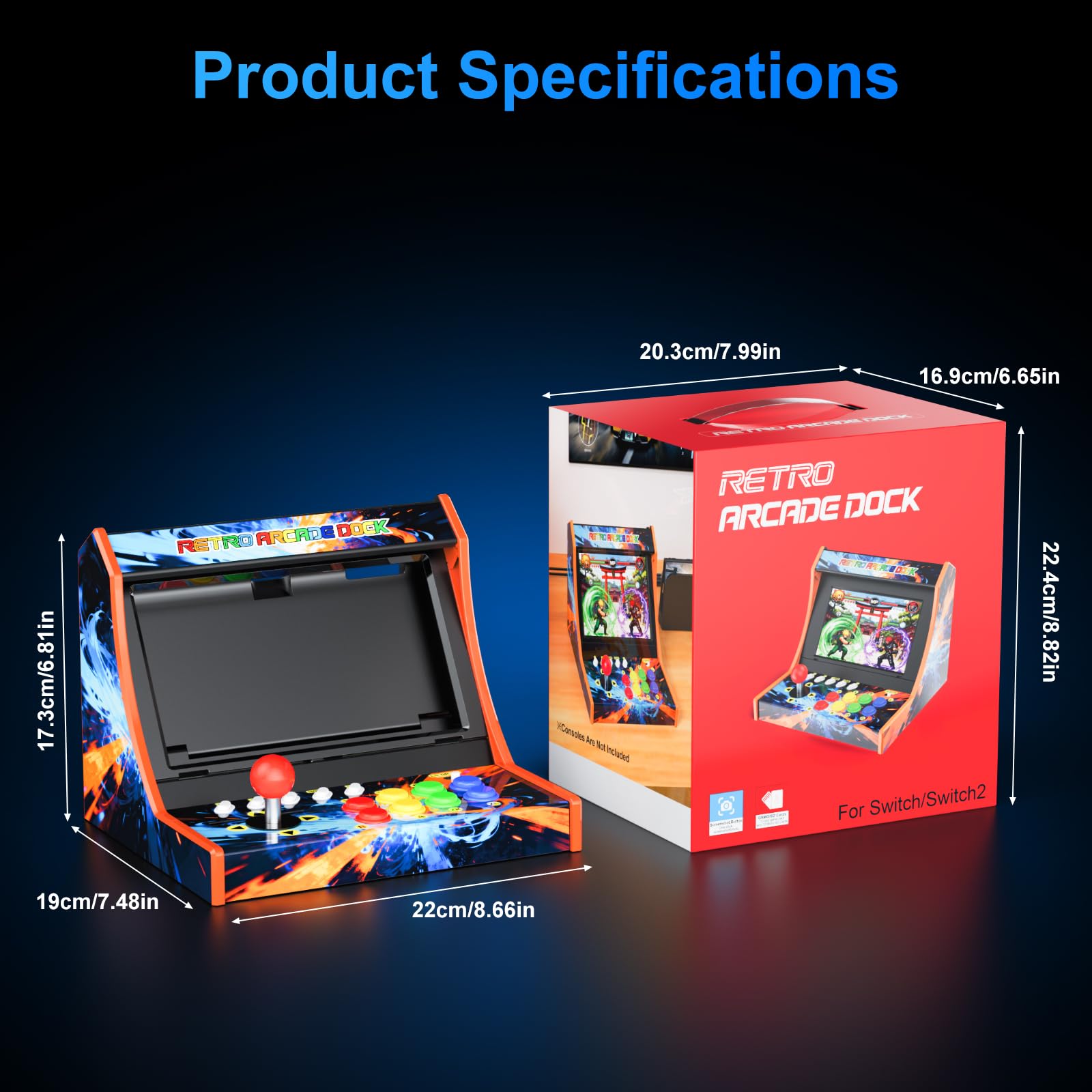 Retro Arcade Machine for Switch/OLED/Switch 2, Portable Arcade Cabinet with Joystick & Turbo Function, 12 Game Card Slots, Plug & Play Table Console Stand, Include a Screen-Casting Cable