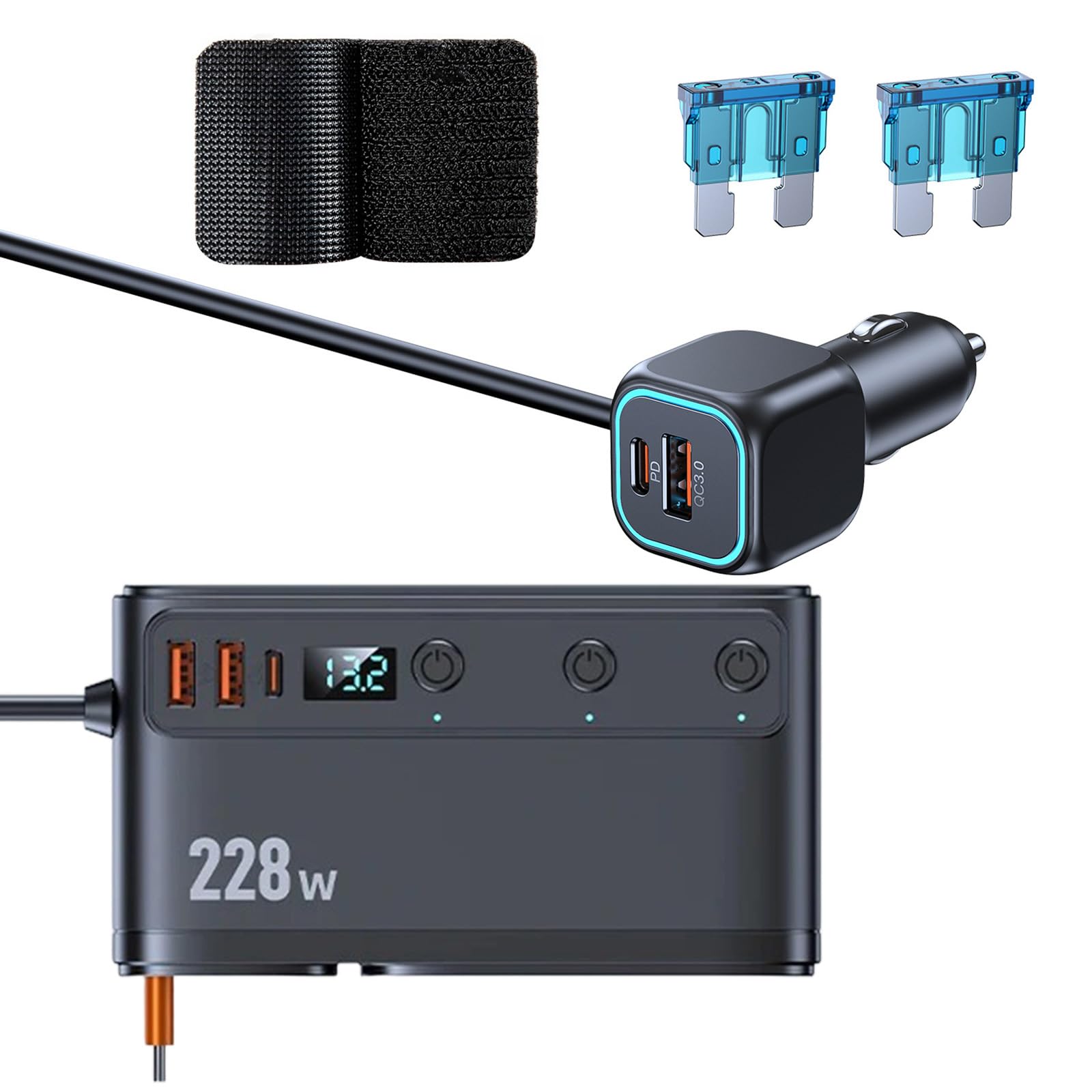Adaptateur de voiture à charge rapide avec QC3.0 PD45 W 228 W câble de chargeur USB C télescopique à affichage LED pour USB rétractable 12 V-24 V
