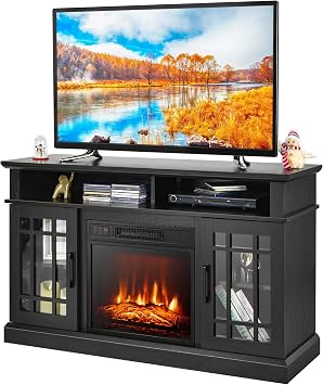 RELAX4LIFE Electric Fireplace TV Stand for TVs up to 55, TV Console Table w/18 Fireplace Insert Heater, Remote Control, Adjustable Shelves, Wood Media Entertainment Center with Fireplace Black