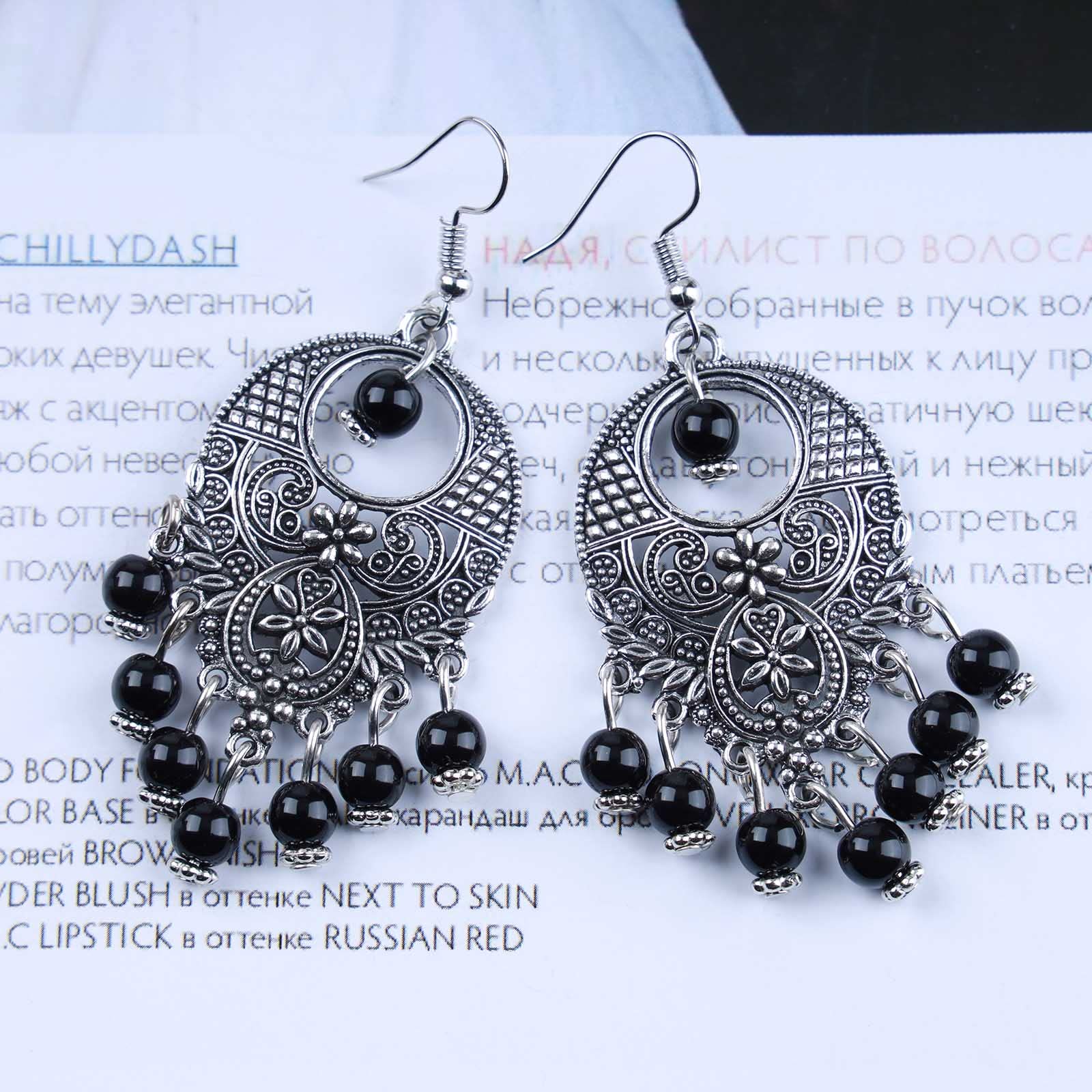 Orecchini Pendenti A Goccia Vintage Boho - Perla E Nappe - Etnici Zingaro - Regalo Donna - Colore Argento