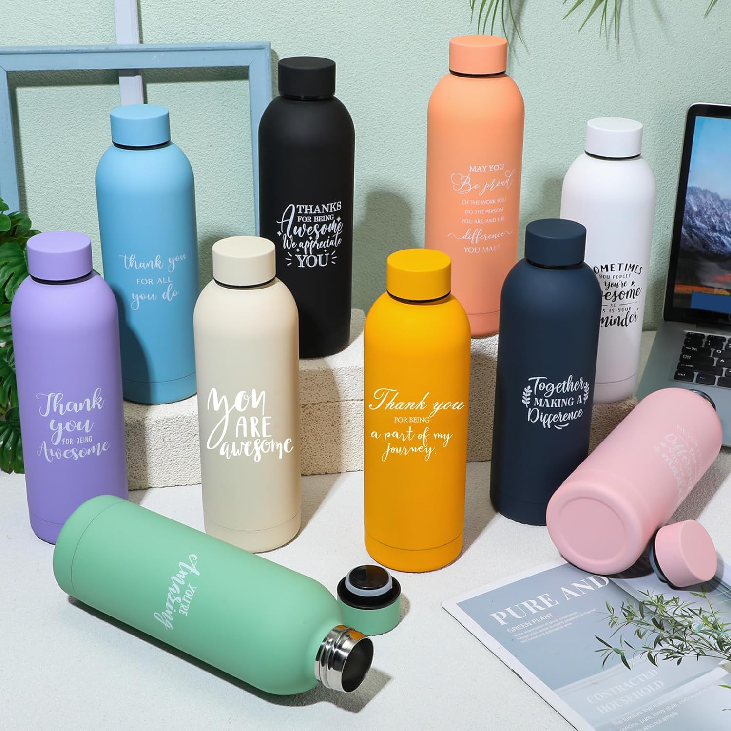 Bokon 10 Pcs Employee Appreciation Gifts Thank You Water Bottle Bulk 17 oz Stainless Steel Frosted Inspirational Team Bottle with Box for Coworker Teacher Nurse Staff Christmas Gifts - Image 4
