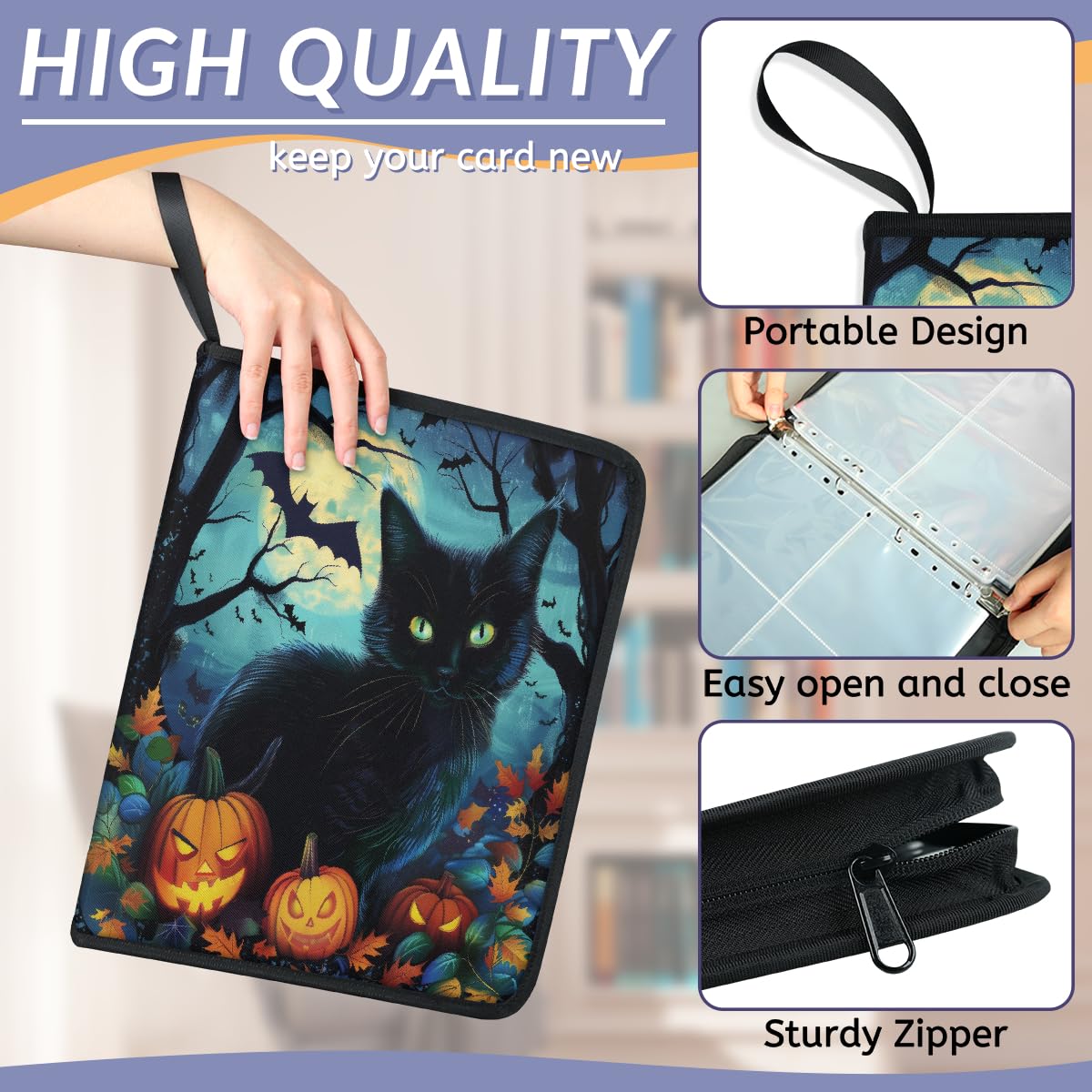 Raccoglitore per carte collezionabili con 4 tasche, motivo gatto nero, per Halloween, con maniche rimovibili, impermeabile, con cerniera, 50 pagine, capacità 400 carte