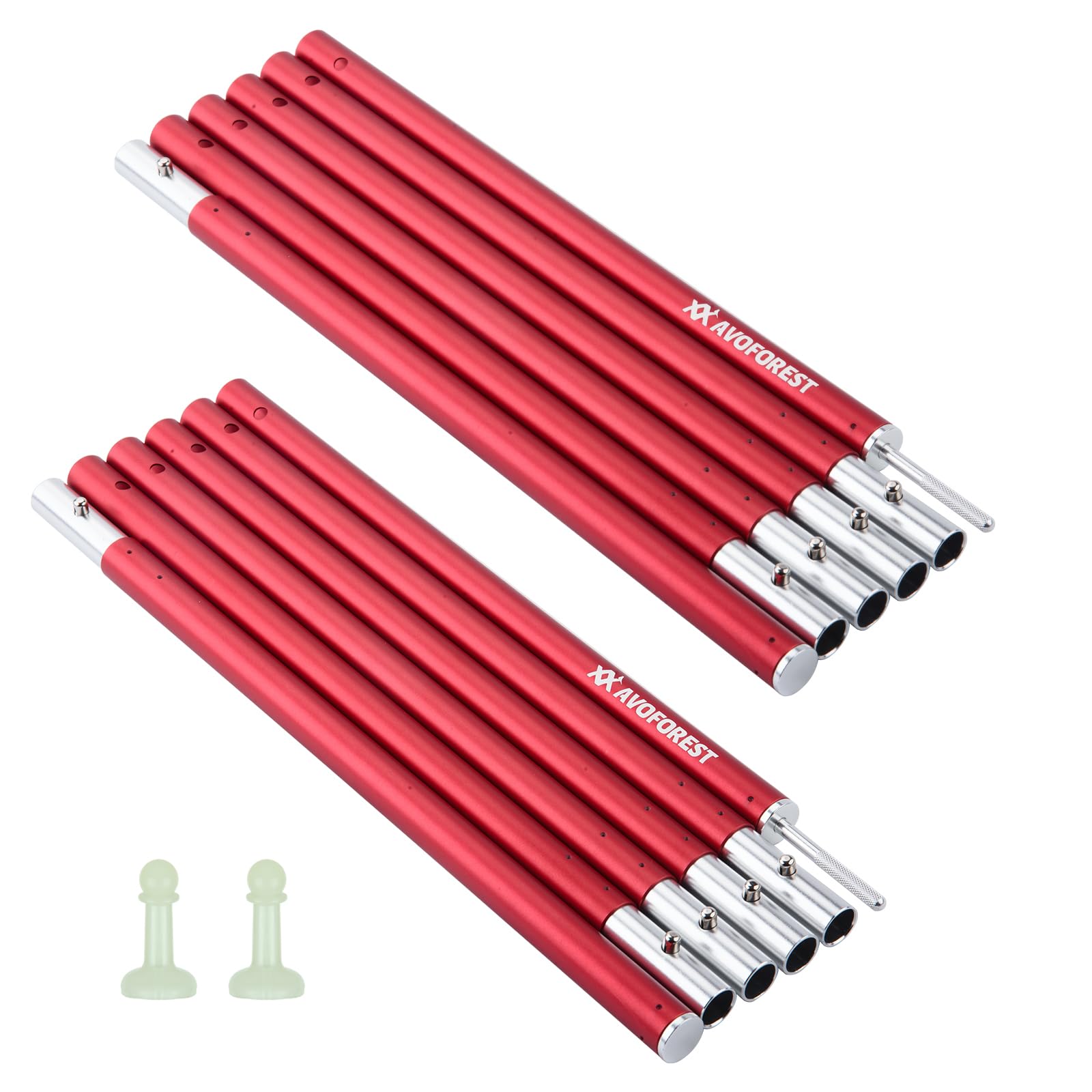アルミポール AVOFOREST タープポール 直径19MM 軽量 2本セット 最長204cm 6節連結 コンパクト 持ち運び便利 アルマイト加工 収納バッグ付き テント タープ バイク/自転車キャンプ (赤色2本セット)