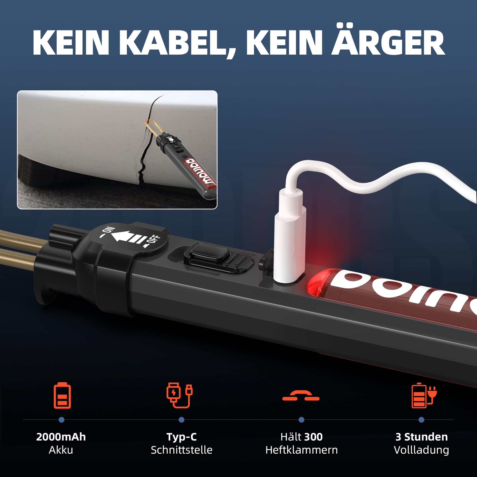 Saldatore per Plastica senza fili, kit di riparazione paraurti Auto con 300pcs 6 Tipo Graffette, interruttore on/off, ricarica USB-C, mini Saldatrice Plastica per riparazione paraurti auto