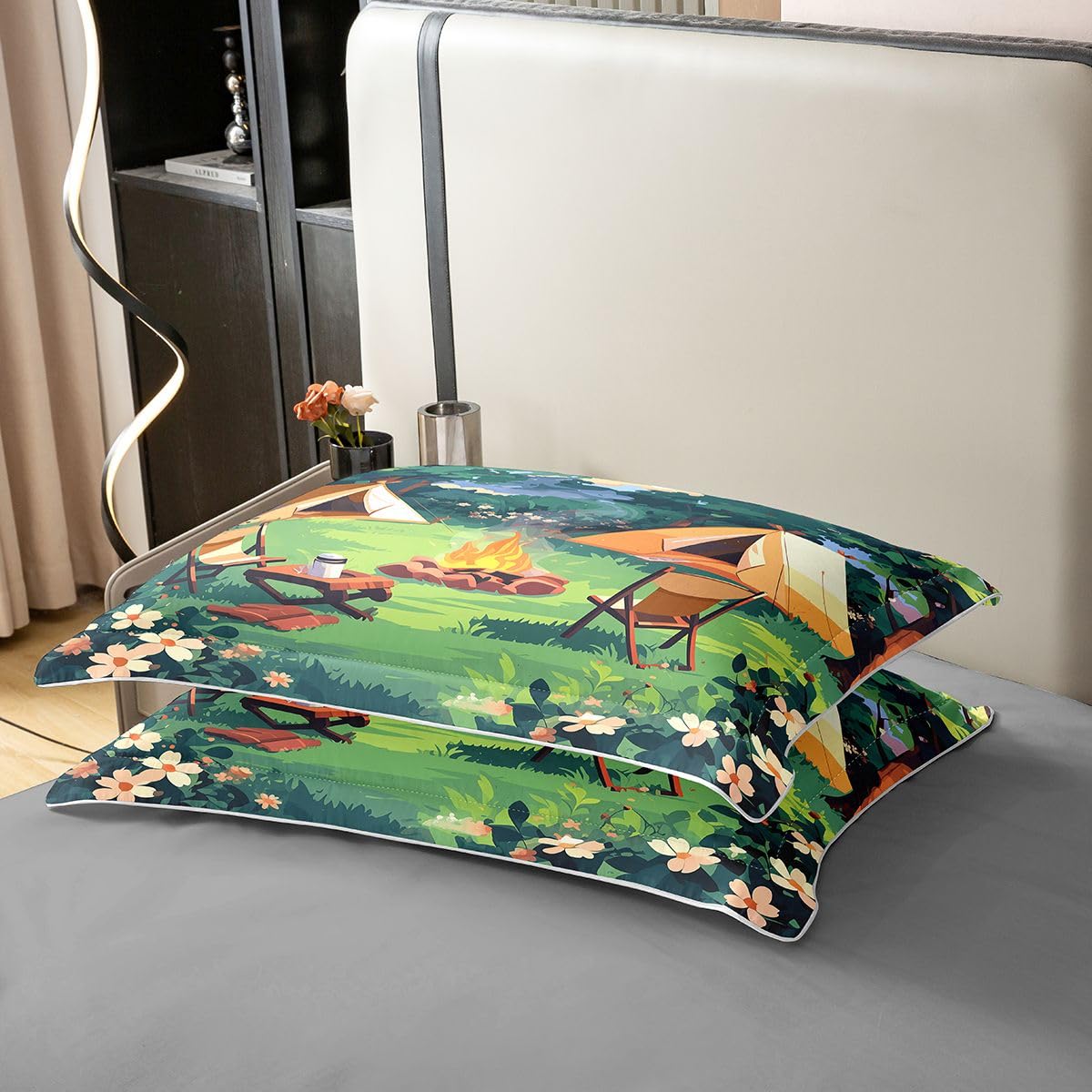 Loussiesd Juego de funda de edredón 100 % algodón, tamaño King, funda de edredón Happy Camping para niños y niñas, juego de ropa de cama de 3 piezas, accesorios de caravana, decoración de habitación