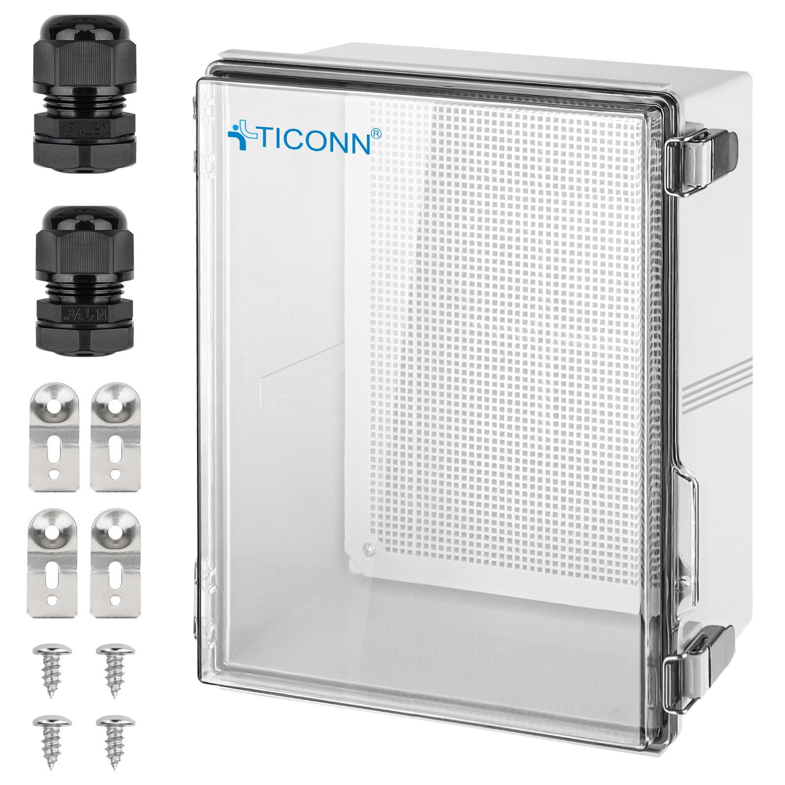 TICONN Waterproof Electrical Junction Box IP67 ABS Plastic Enclosure with Hinged Cover with Mounting Plate, Wall Brackets, Cable Glands (Clear, 17.7"x13.8"x7.9")