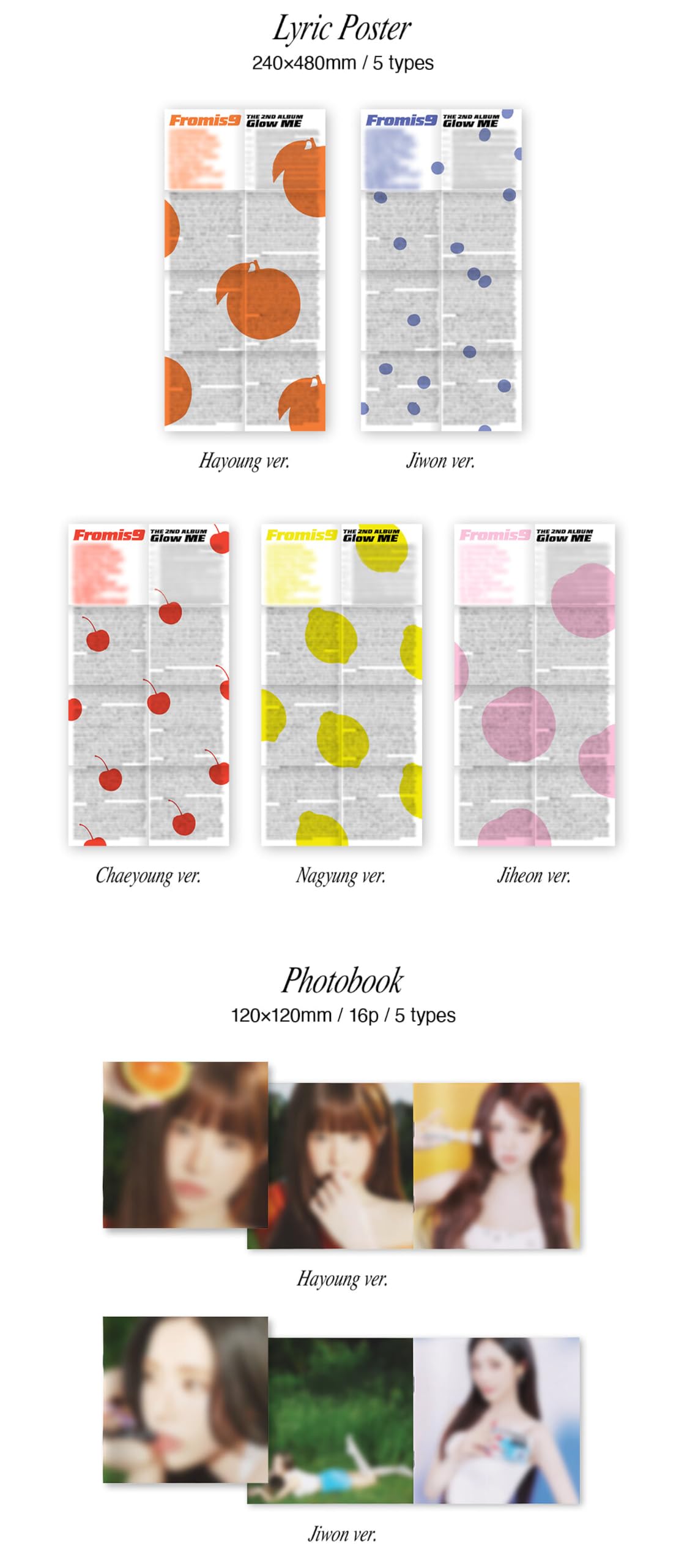 (Juego Fuit: Chaeyoung+Hayoung+Jiheon+Jiwon+Nagyung) fromis_9 Glow ME 2º álbum con seguimiento