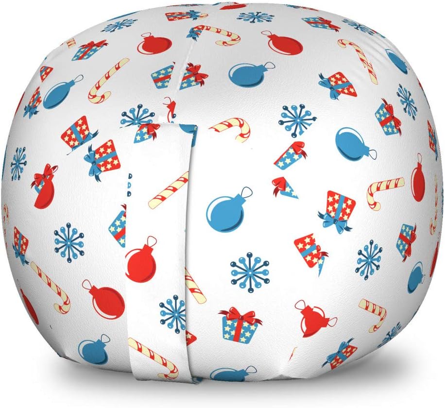 Ambesonne Christmas Storage Toy Bag Chair, Snowflakes Surprise Present Boxes Classical Candy Canes and Noel Baubles, Stuffed Animal Organizer Washable Bag, Small Size, Scarlet Beige