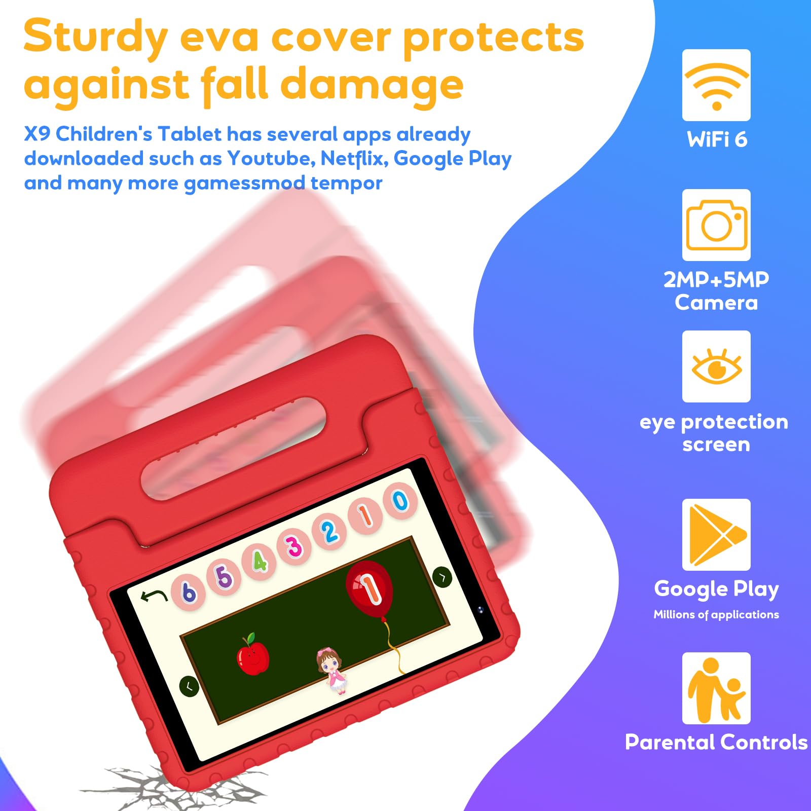 Tablet Bambini 8 Pollici Android, 7GB RAM 64GB ROM 1TB Espandibile, WiFi 6 BT 5.0, 1280*800, GPS, Controllo Parentale, Apprendimento Educazione,5MP+2MP, 3600mAh, Tablet PC con Custodia, Rosso