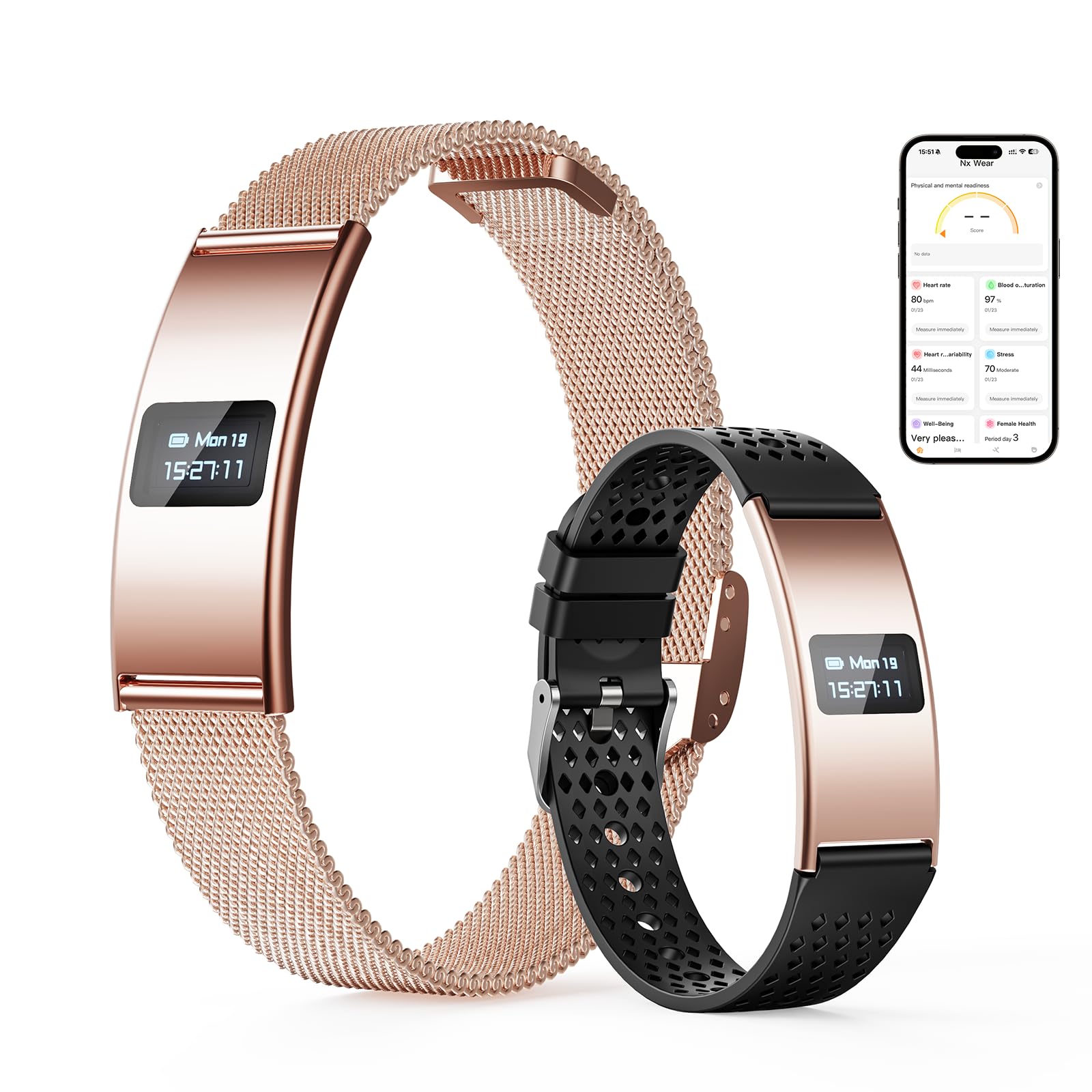 Photo 1 of CCHEEN Smart Bracelet, Subscription-Free 24/7 Health Tracking, Heart Rate, SpO2, HRV & Sleep Tracker with IPX8 Waterproof, Wearable Activity & Fitness Tracker, 7-Day Battery, 2 Bands (Rose Gold)