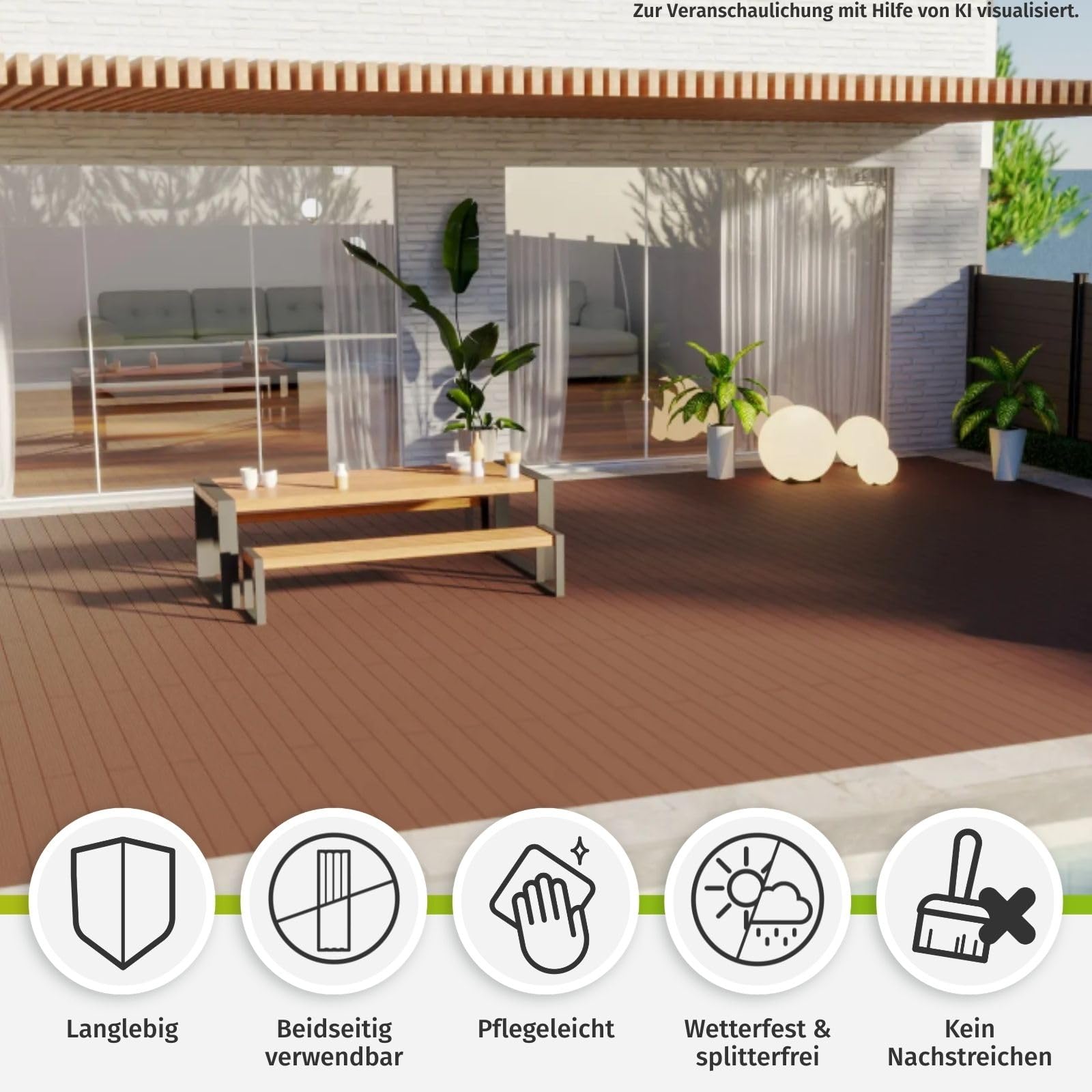 HORI WPC Terrassendielen Komplettset Massiv Diele BPC Komplettbausatz Inkl. Unterkonstruktion & Clips Wetterfest, pflegeleicht & rutschhemmend Dielenlänge 350 cm - Fläche 7 m²