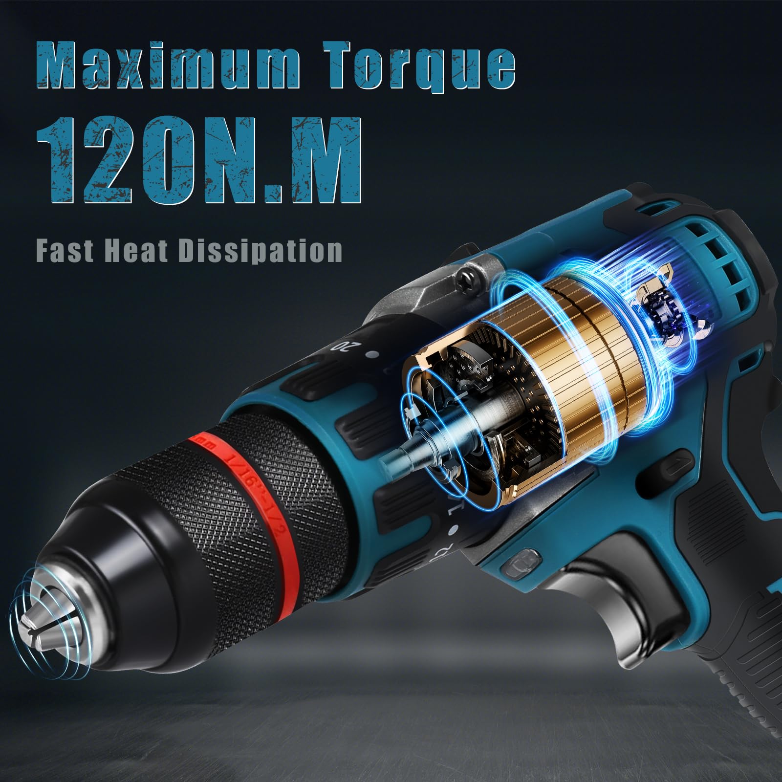 Taladro inalámbrico Compatible con Makita 18 V batería (sin batería), taladro de impacto sin escobillas 1350 RPM, 20+3, 120 N.m, 13 mm, destornillador