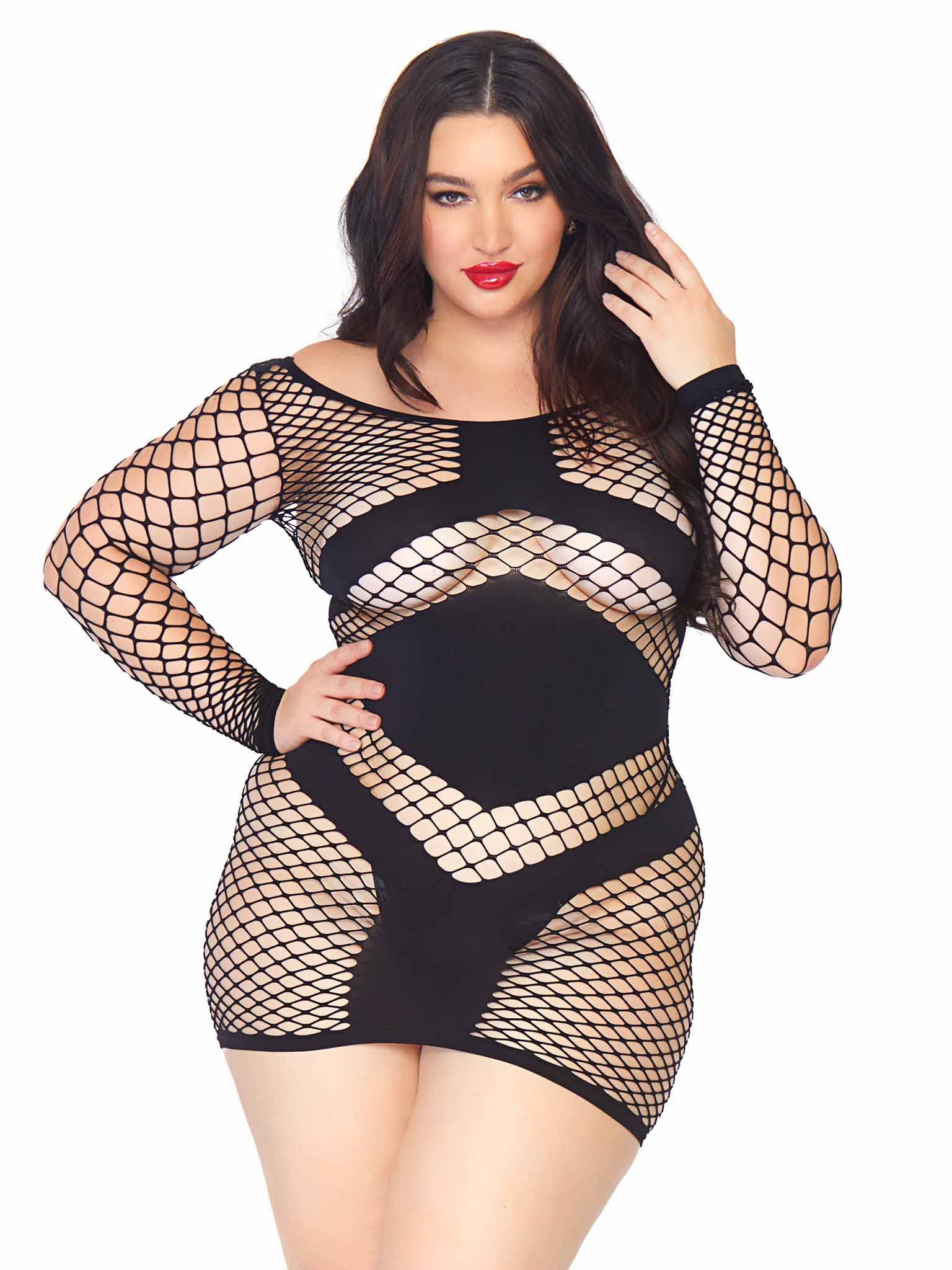 Leg Avenue Women's Plus-Size Diamond Net Long-Sleeved Mini Dress