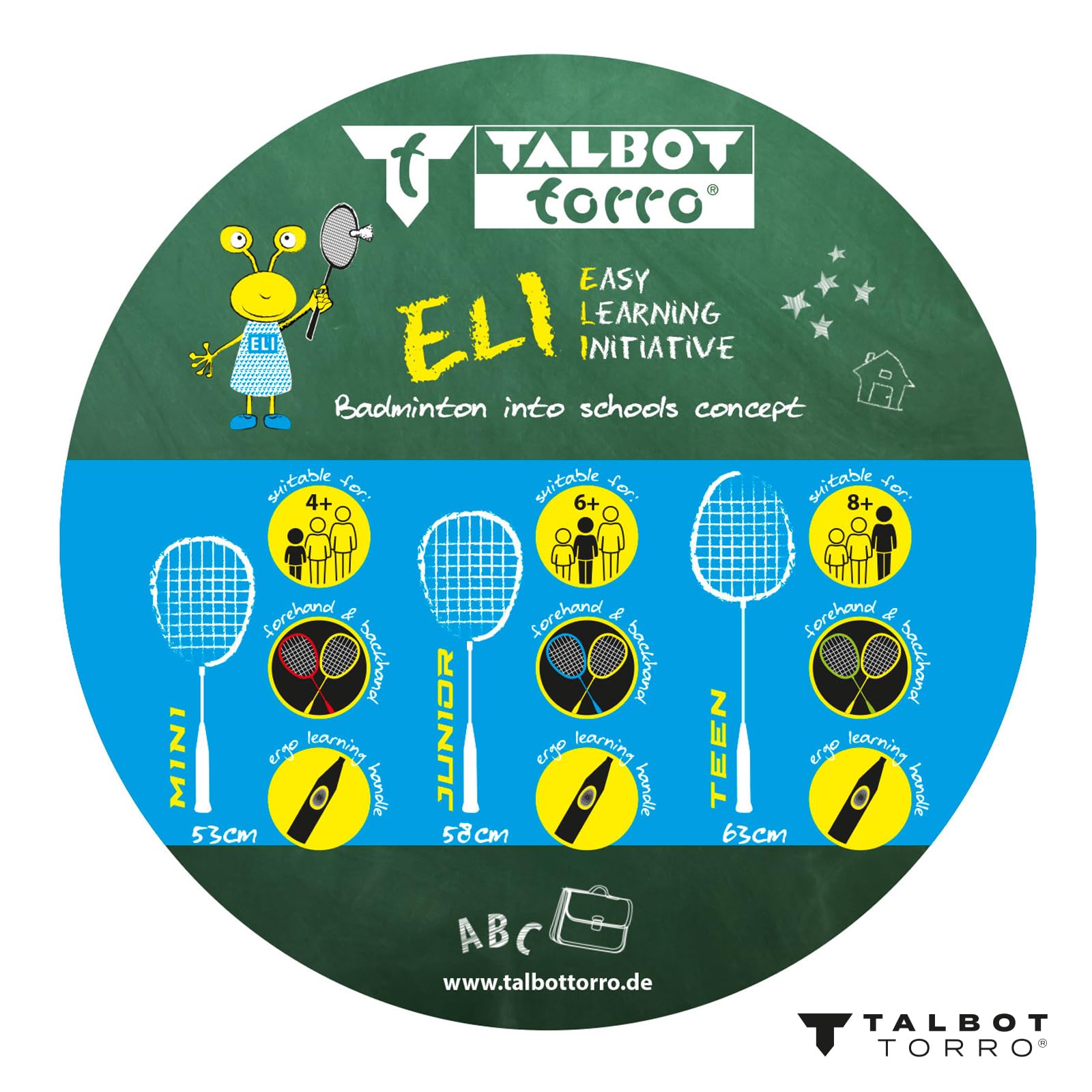 Talbot Torro Lern-Badmintonschläger ELI Junior, verkürzte Länge 58 cm, Lerngriff, Tropfenkopf, ideal für Schulsport und Training, schwarz-gelb-blau