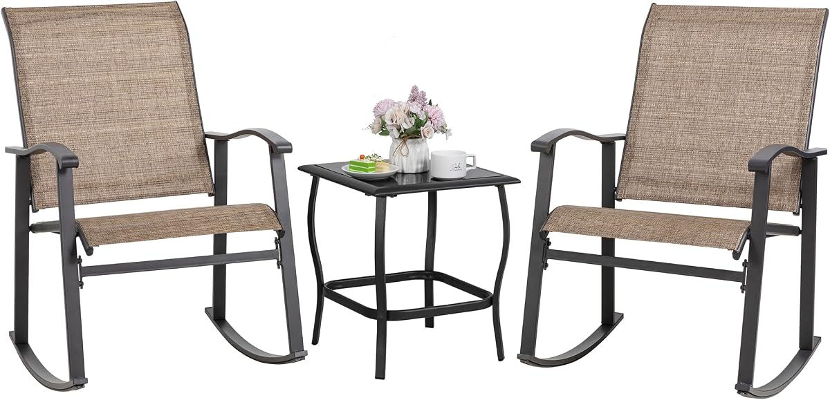 Shintenchi Rocking Chair Outdoor with Table, 3 Piece Rocking Patio Bistro Set, Outdoor Furniture Set with Metal Frame and Textilene Fabric for Small Space, Brown