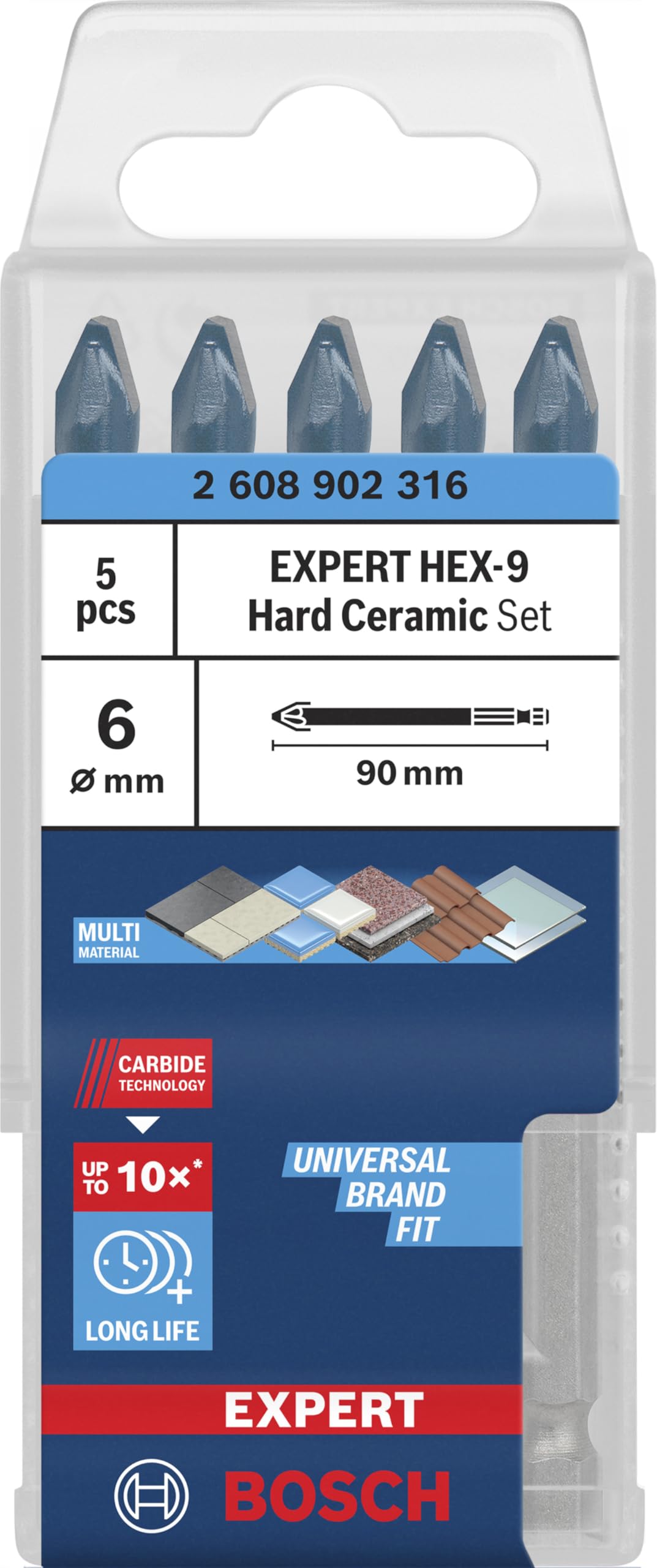 Bosch 5x Zestawy wierteł EXPERT HEX-9 Hard Ceramic (do Twarde płytki ceramiczne, Miękkie płytki ceramiczne, Ø 6,0, 6,0, 6,0, 6,0, 6,0 mm, Professional Akcesoria Wiertarki)